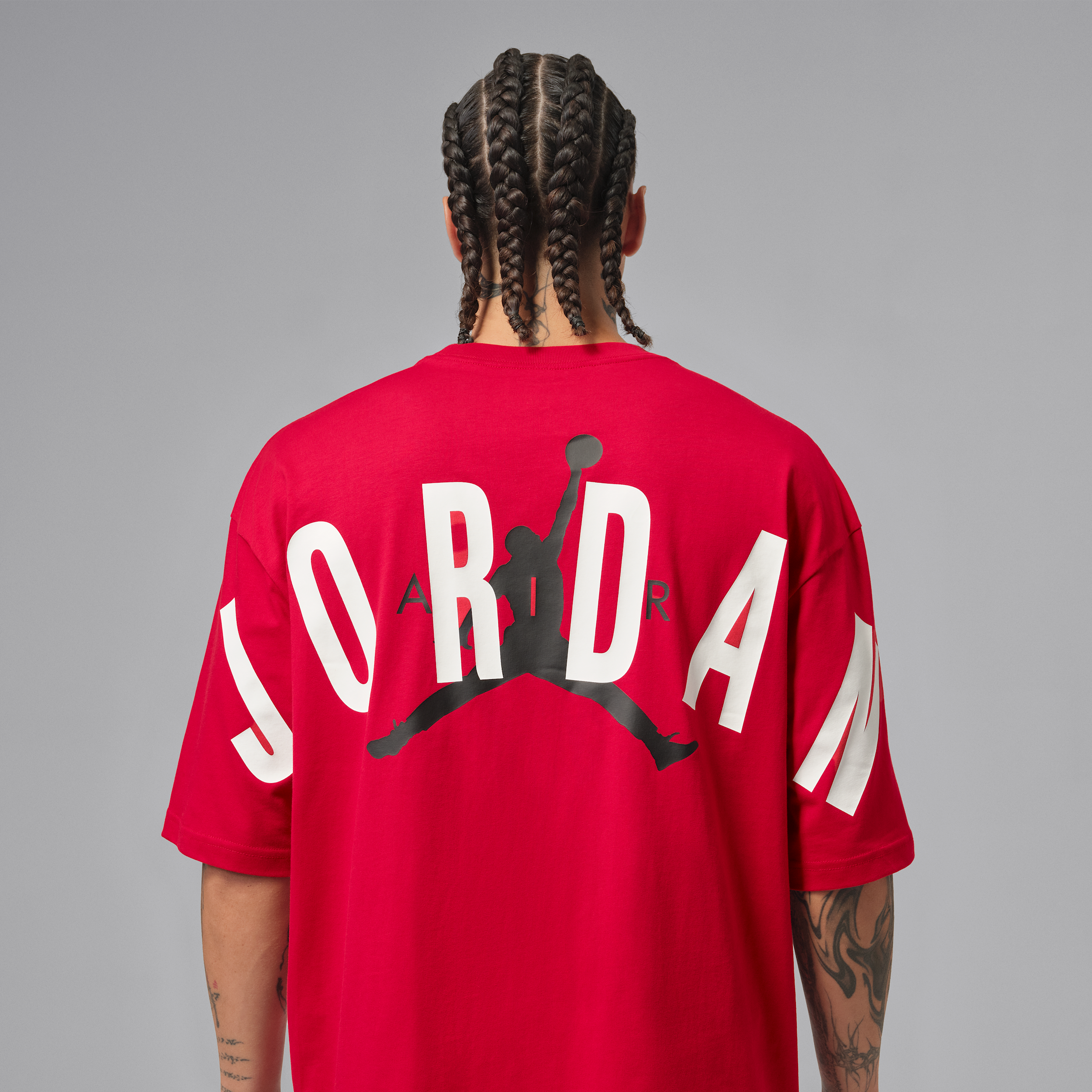 Jordan Mens Back Stretch Oversized Short Sleeve Crew - - Black / Gym Red