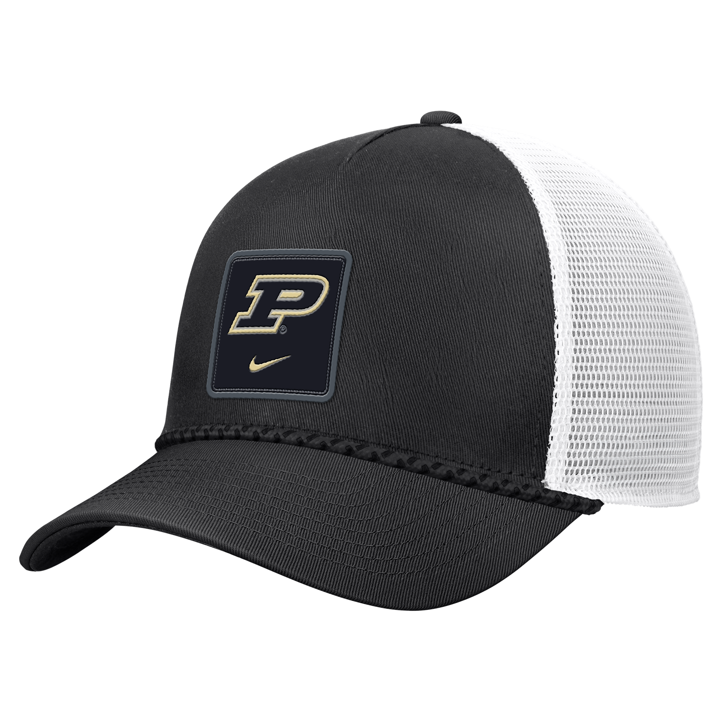 Purdue Sideline Rope Nike Unisex College Trucker Adjustable Hat in Black | C13777C686PURU-BLK