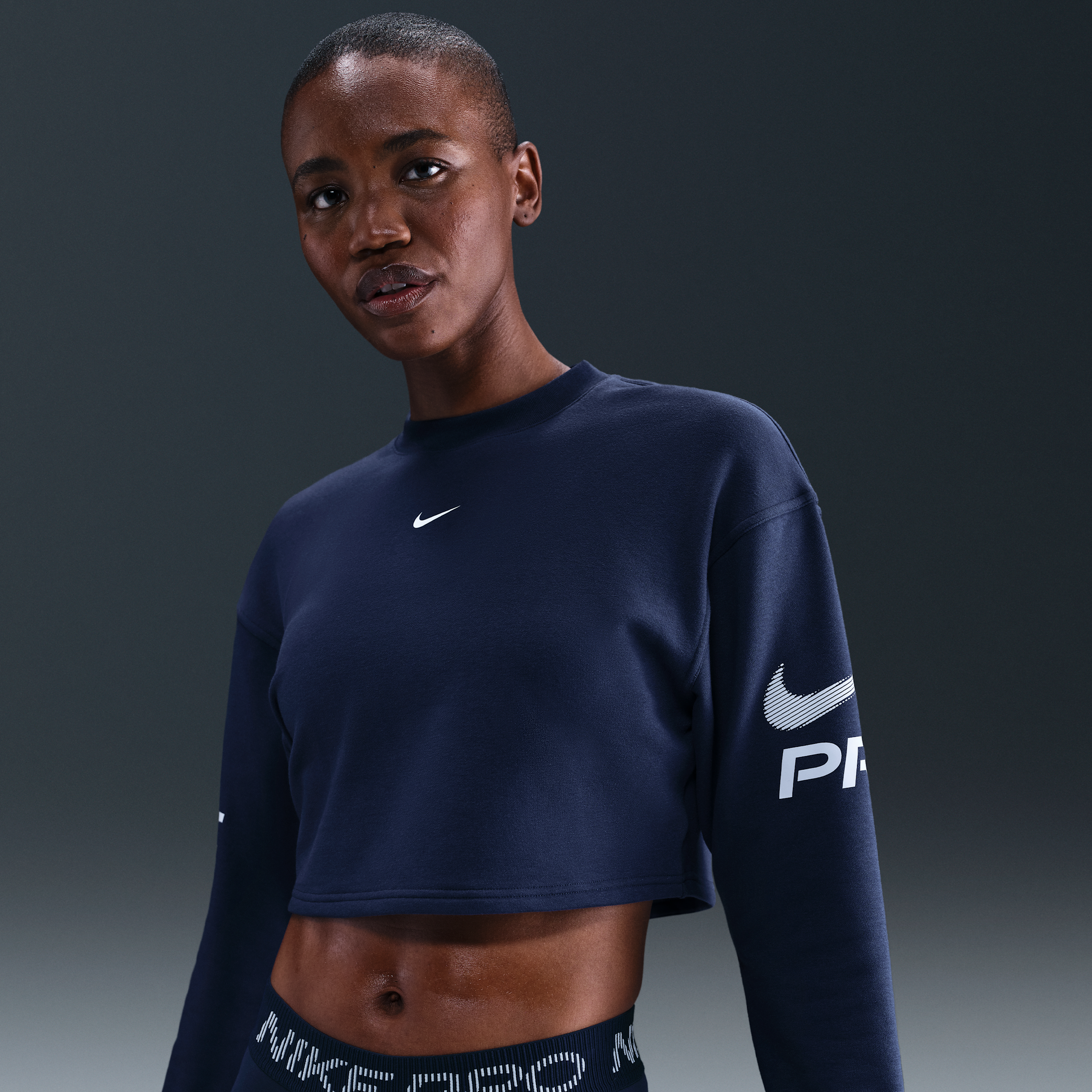 Nike Women's  Pro Dri-fit Loose Crew-neck French Terry Sweatshirt In Blue