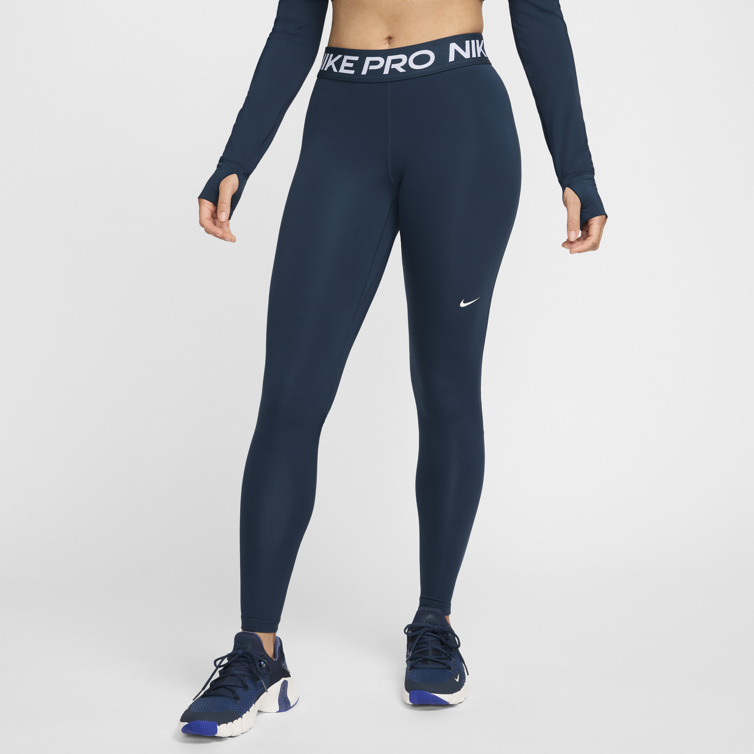 Nike Women's Pro Mid-rise Mesh-paneled Leggings In Armory Navy/white