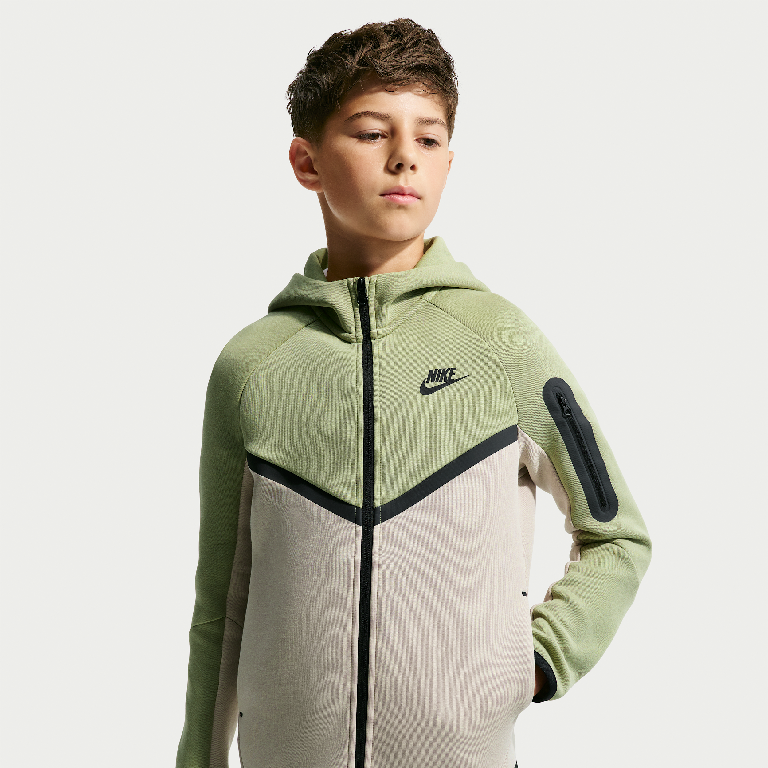 Nike Kids' Tech Fleece Full-Zip Sweatshirt, Boys', Small, Dusty Olive/Cream Ii/Black/Black