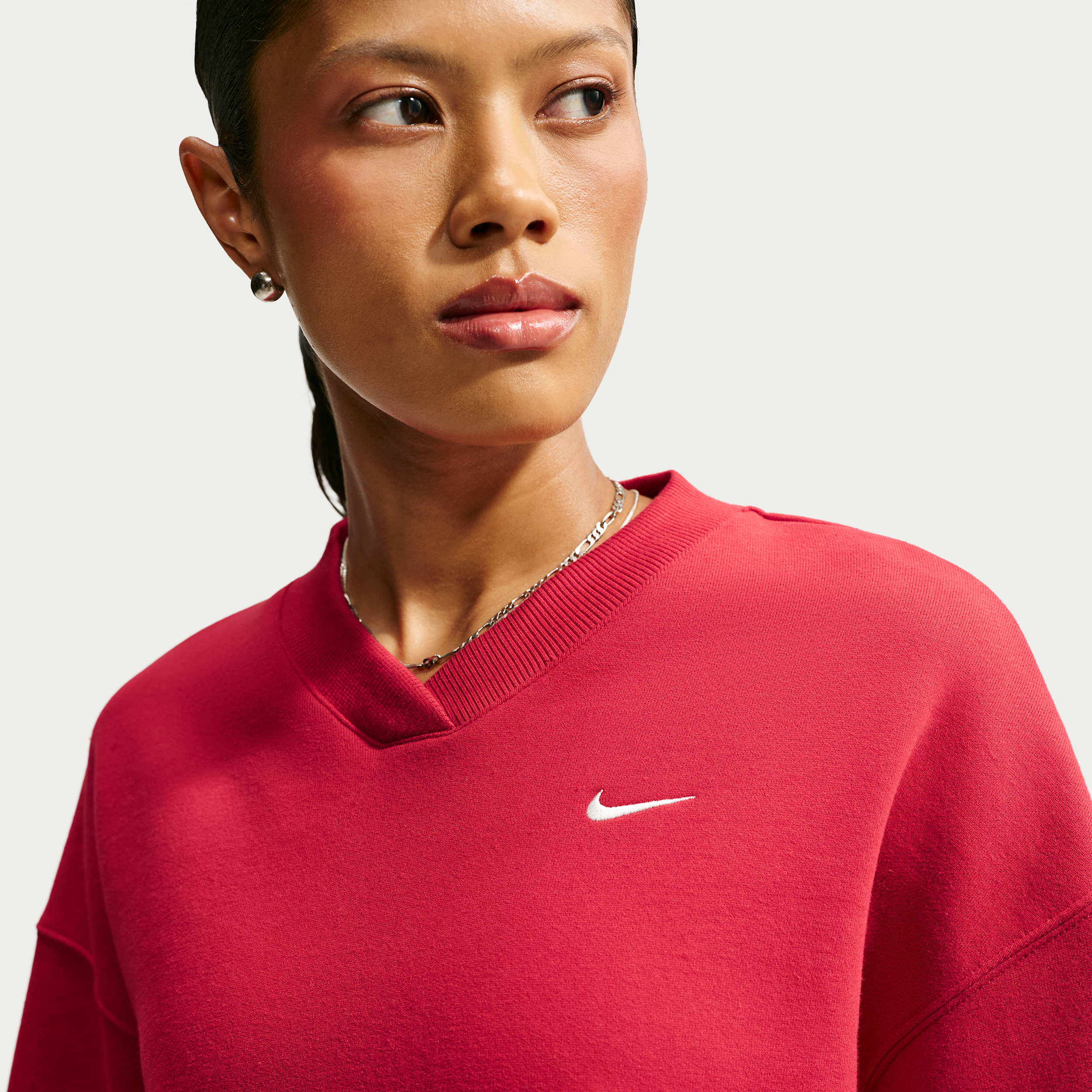 Nike Women's Studio Fleece Medium Weight Oversized V-Neck Sweatshirt, Large, Tough Red/Sail