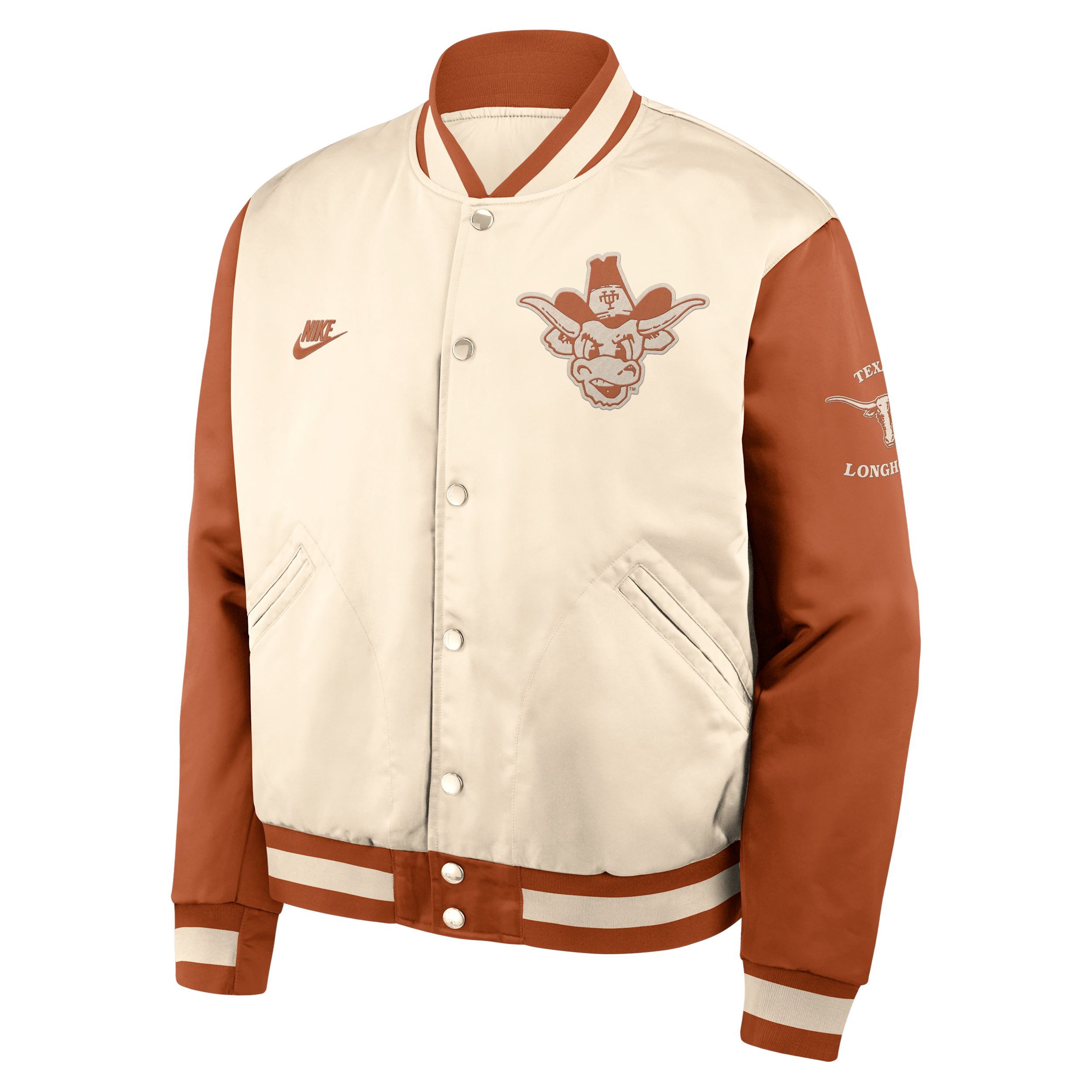 Nike Men's Texas Longhorns Texas Legacy Full-Snap Twill Bomber Jacket - Natural, Texas Orange