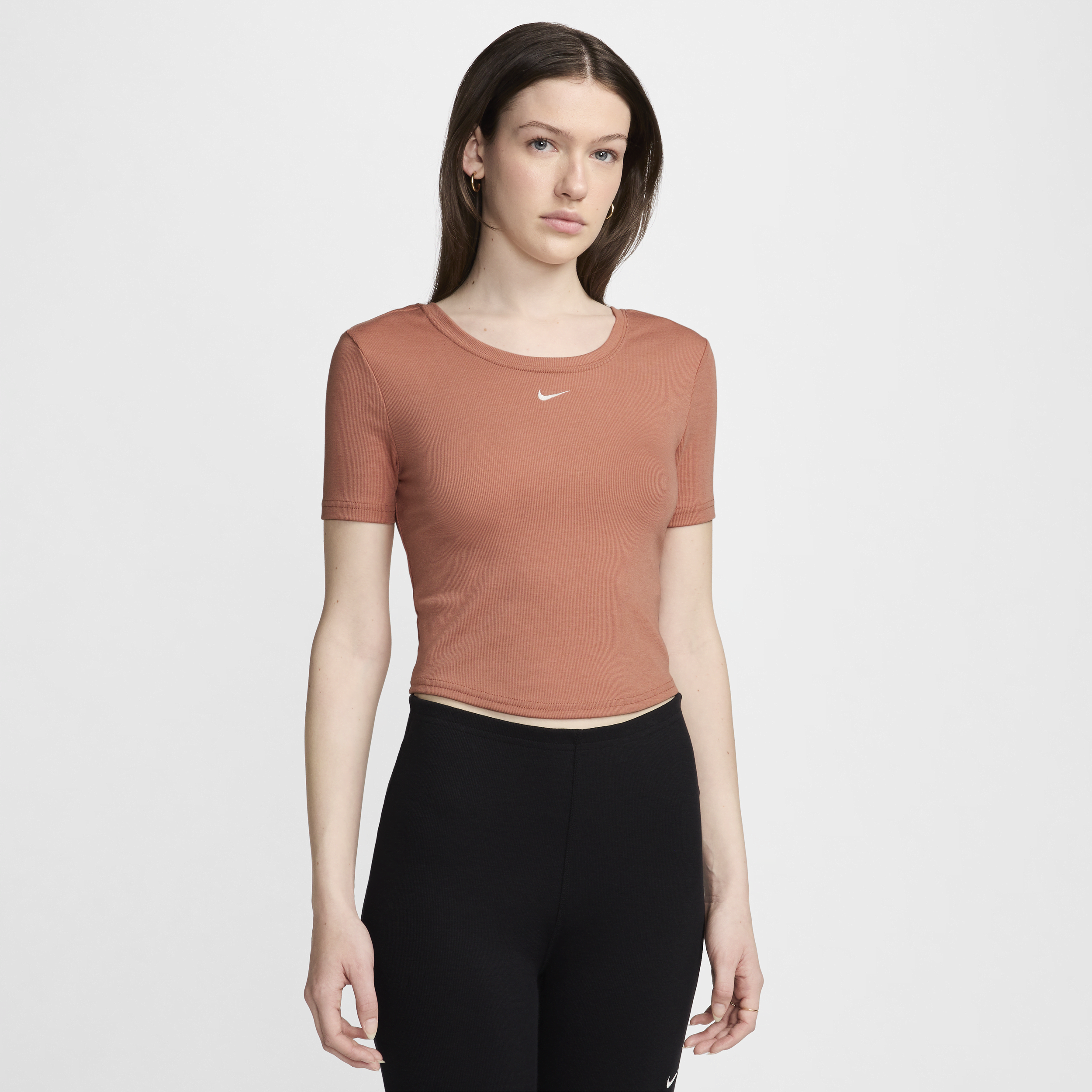 Shop Nike Women's  Sportswear Chill Knit Tight Scoop-back Short-sleeve Mini-rib Top In Brown