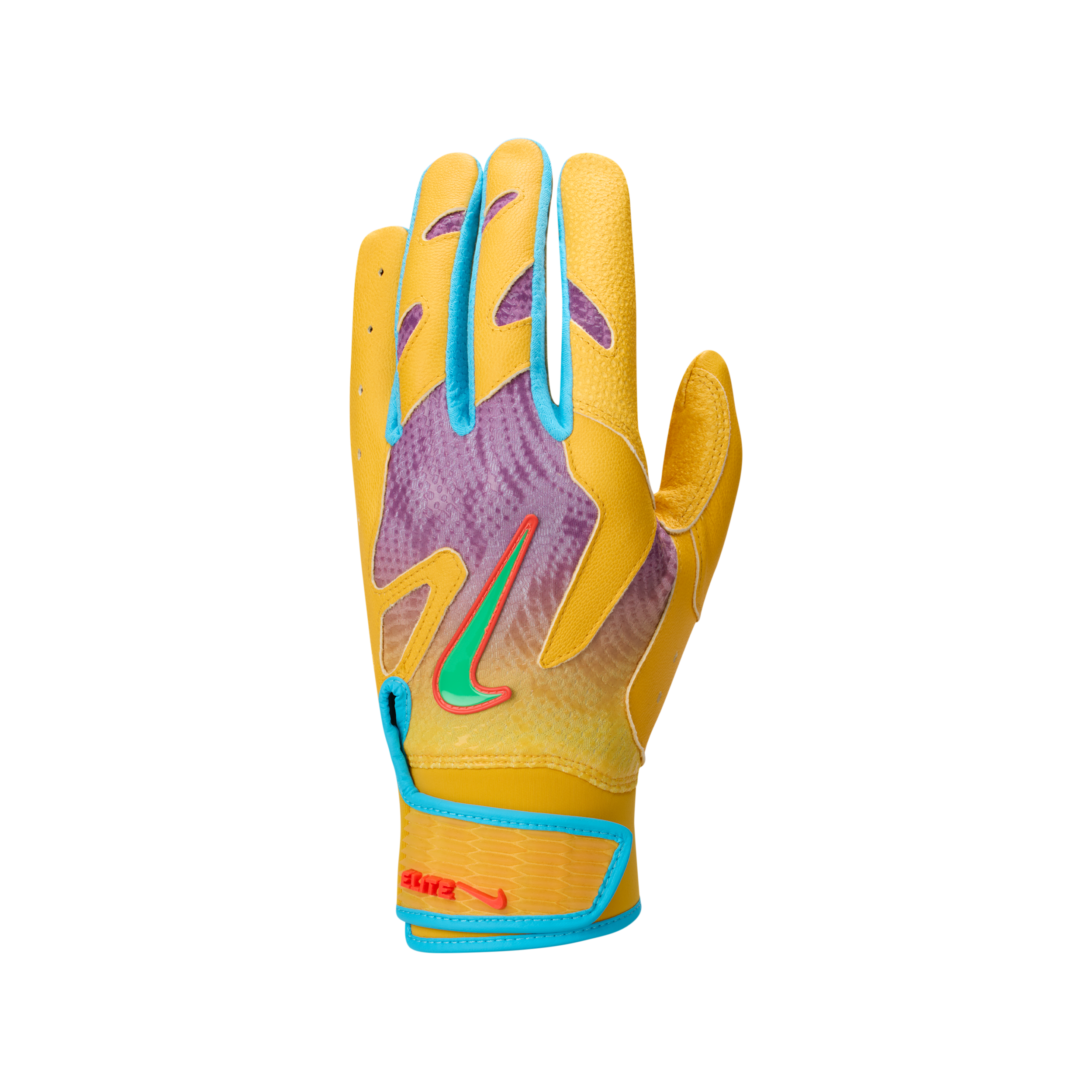 Nike Adult Alpha Varsity 2.0 Ronald Acuña Batting Gloves, Men's, Medium, Purple/Gold/Green