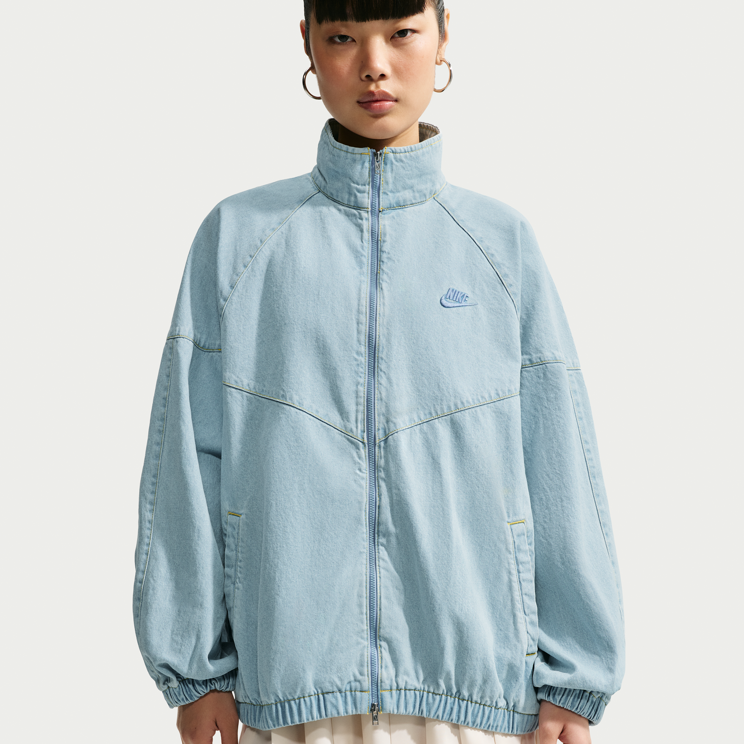 Nike Women's Windrunner Oversized Denim Jacket in Light Armory Blue/Work Blue Size: XL