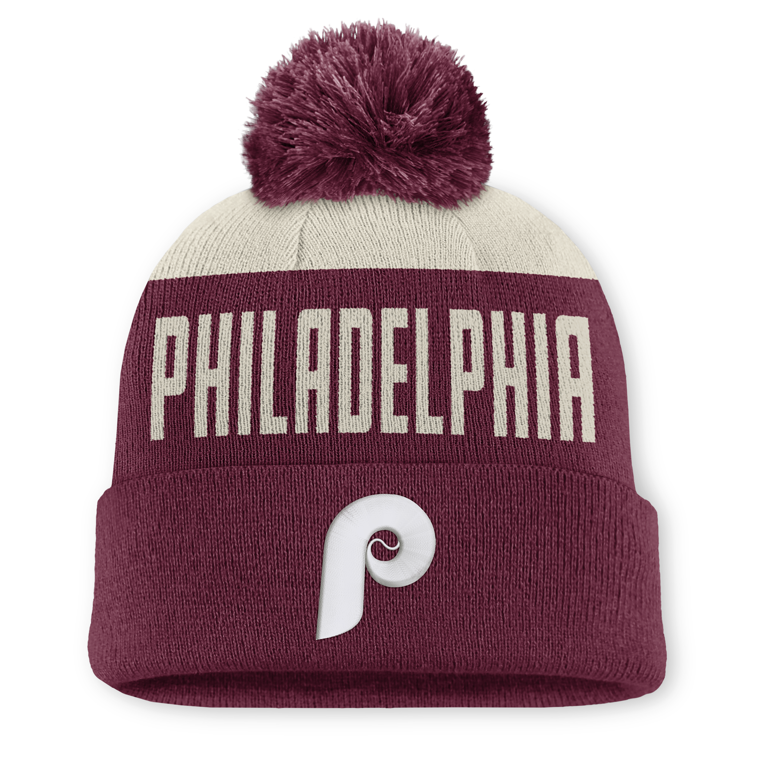 Nike Men's White/Maroon Philadelphia Phillies Cooperstown Collection Peak Standard Cuffed Knit with pom Hat - Natural, Maroon