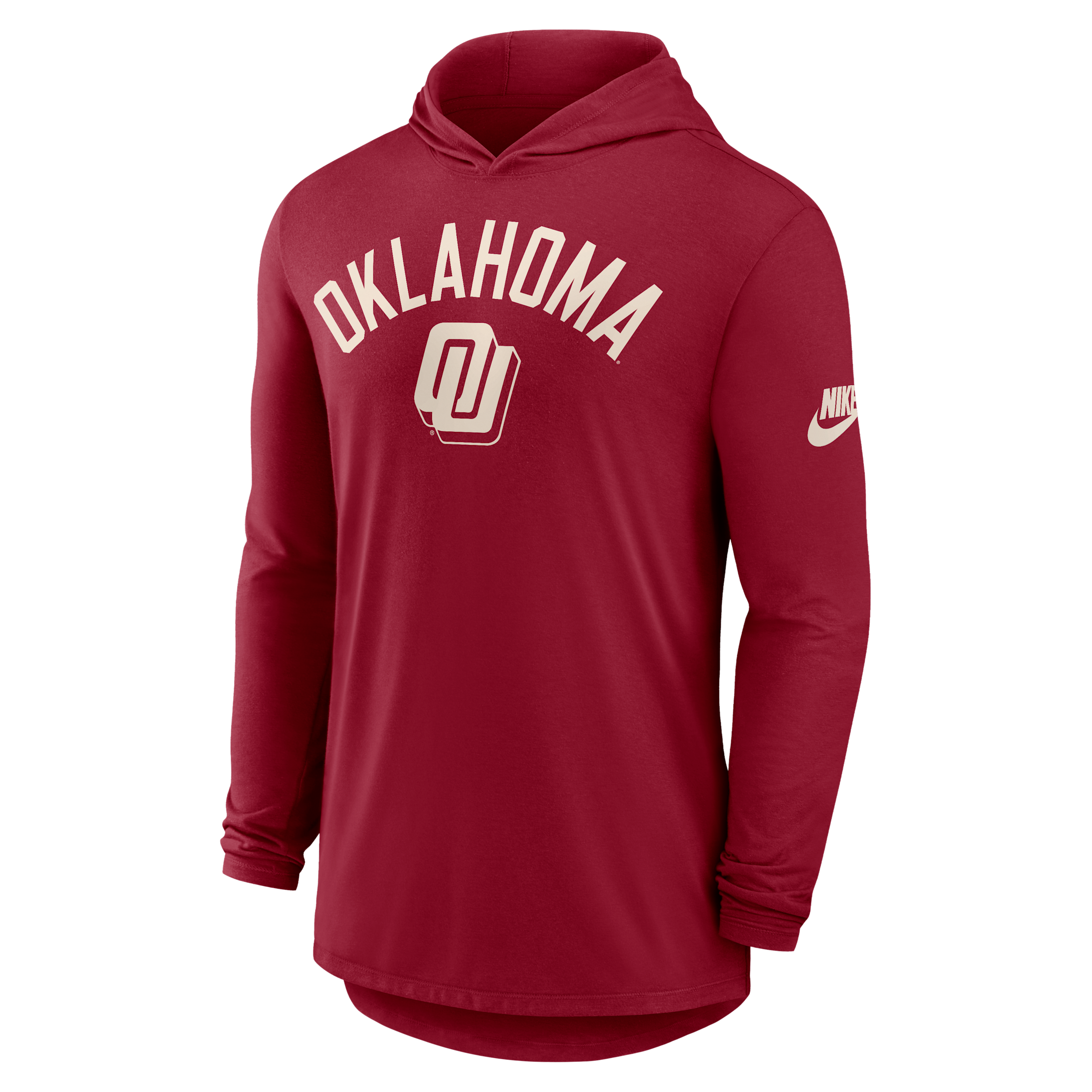 Oklahoma Legacy Arch Nike Men's Dri-FIT College Long-Sleeve Hooded T-Shirt in Red | 01NB69WOKV-3HJ
