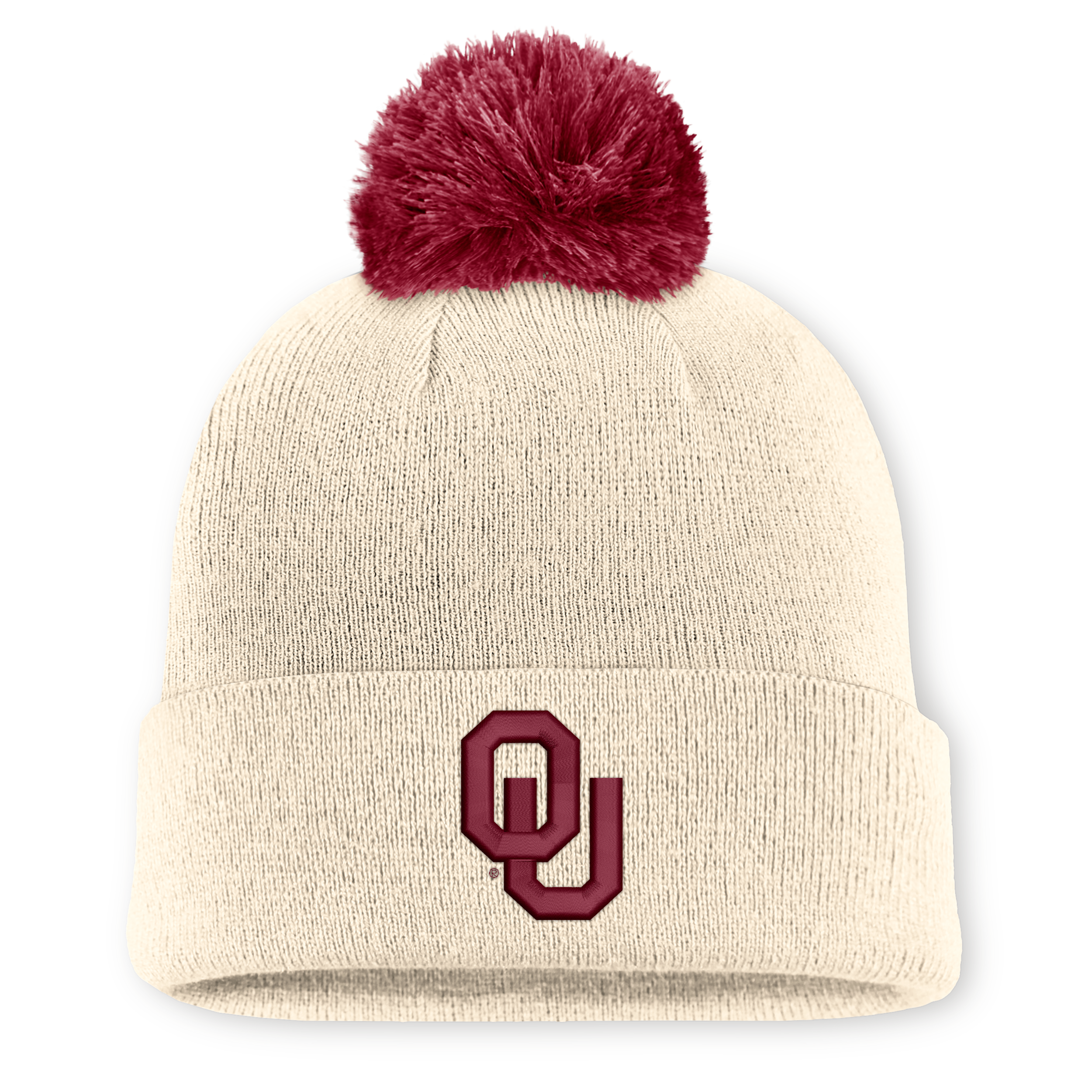 Men's and Women's Jordan Natural Oklahoma Sooners Campus Prep Script Cuffed Knit Hat with Pom - Natural, Crimson