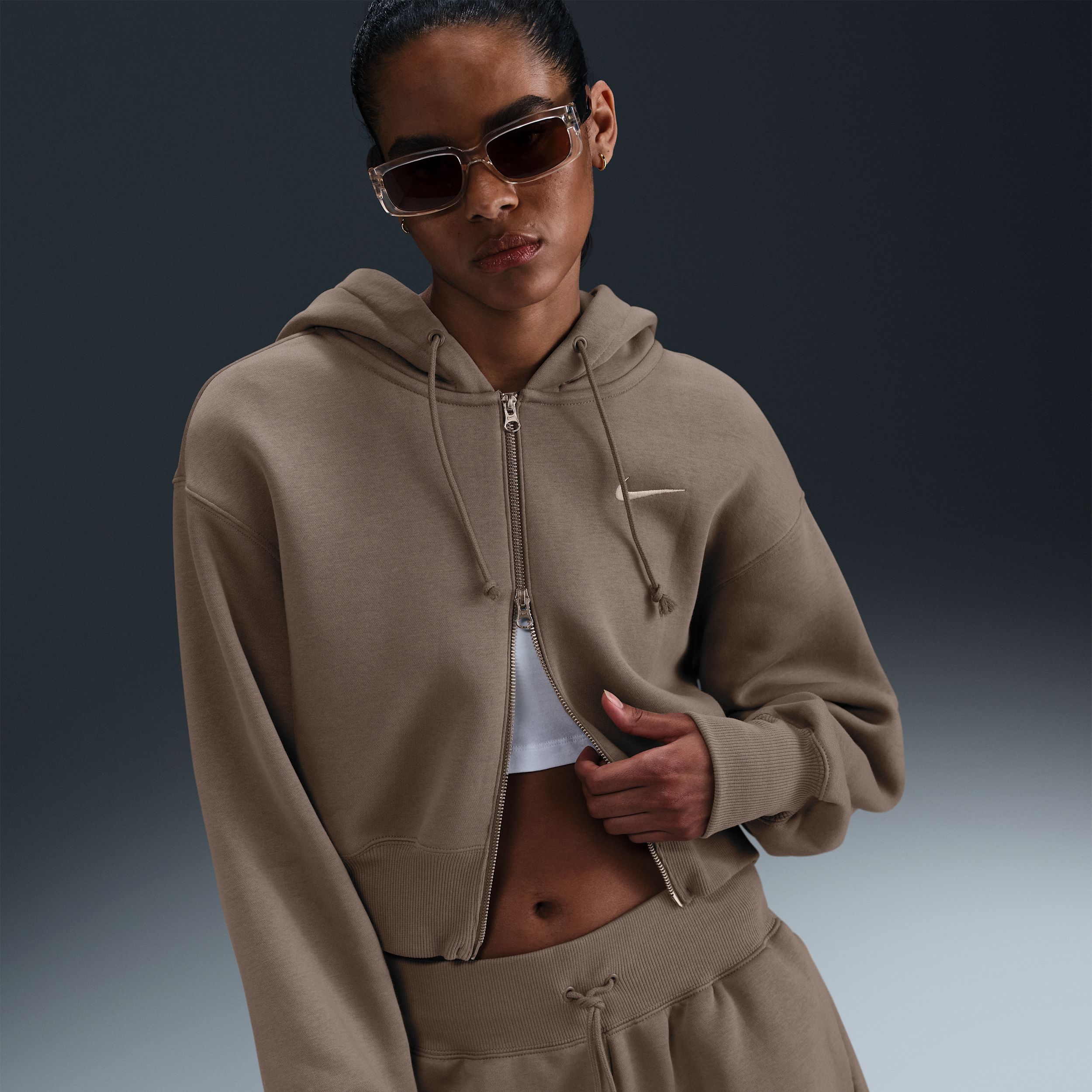 Shop Nike Women's Sportswear Phoenix Fleece Loose Cropped Full-zip Hoodie In Brown