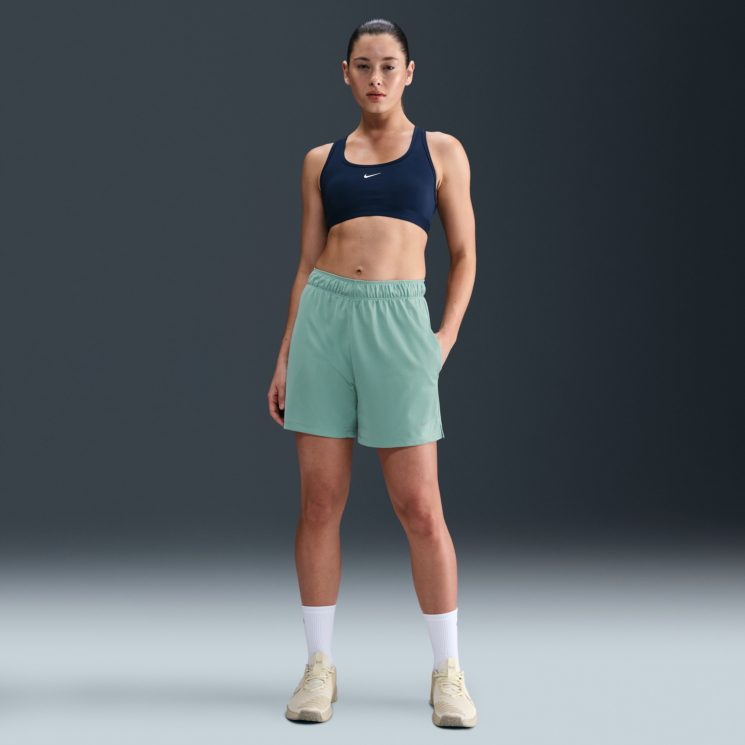 Nike Women's Attack Dri-FIT Fitness Mid-Rise 5" Unlined Shorts in Green | DX6024-017