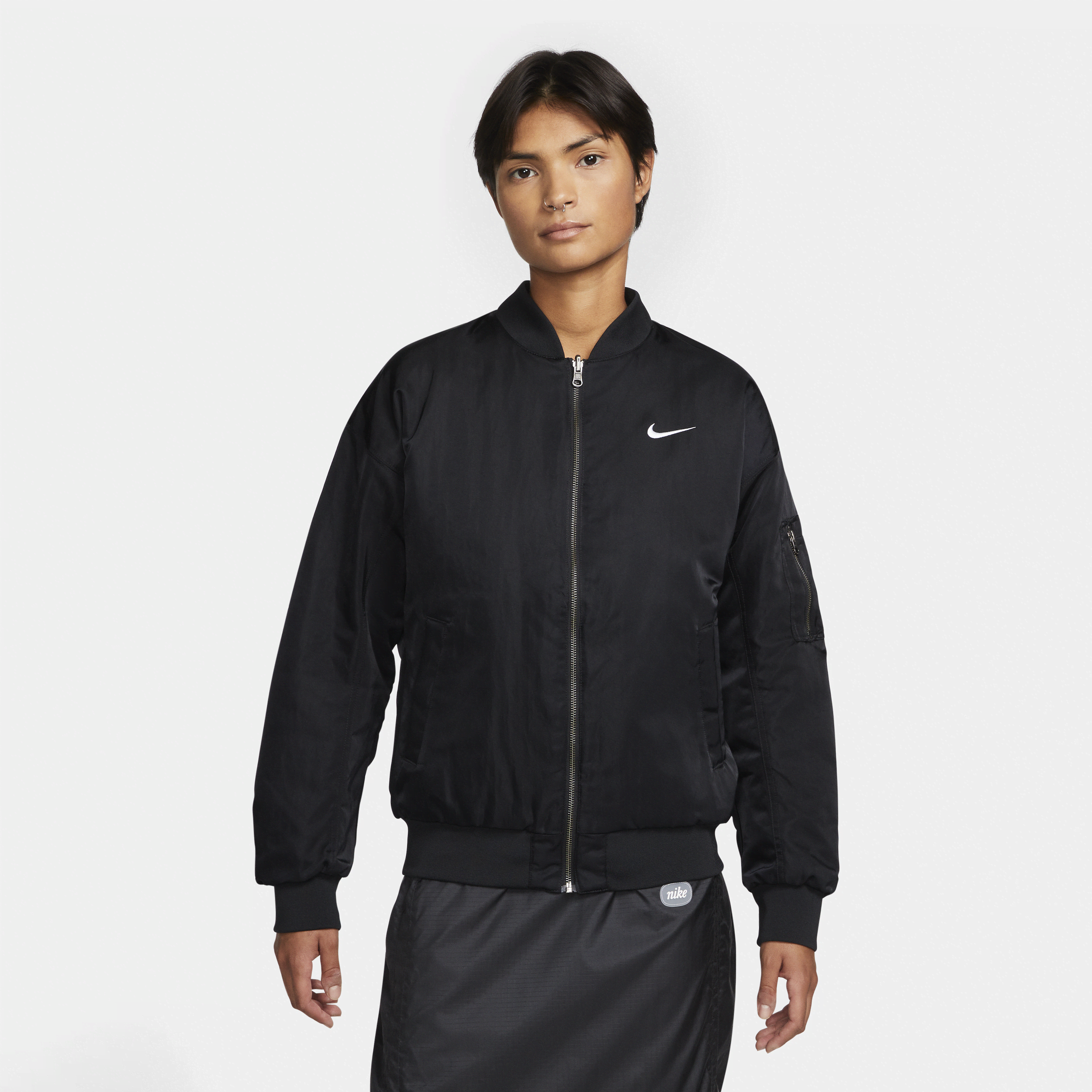 Shop Nike Women's  Sportswear Reversible Varsity Bomber Jacket In Black