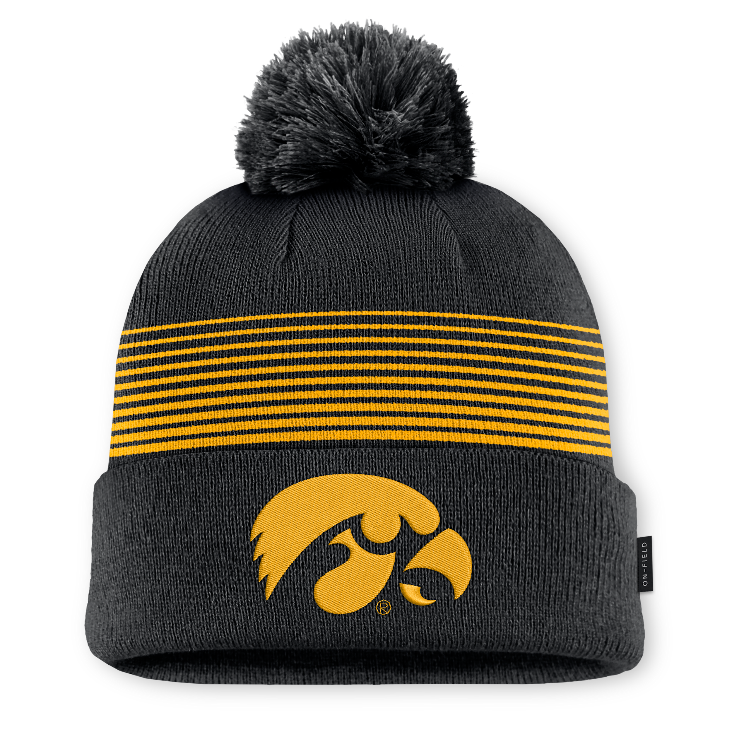 Men's and Women's Nike Black Iowa Hawkeyes 2026 On-Field Cuffed Knit Hat with Pom - Black, Gold