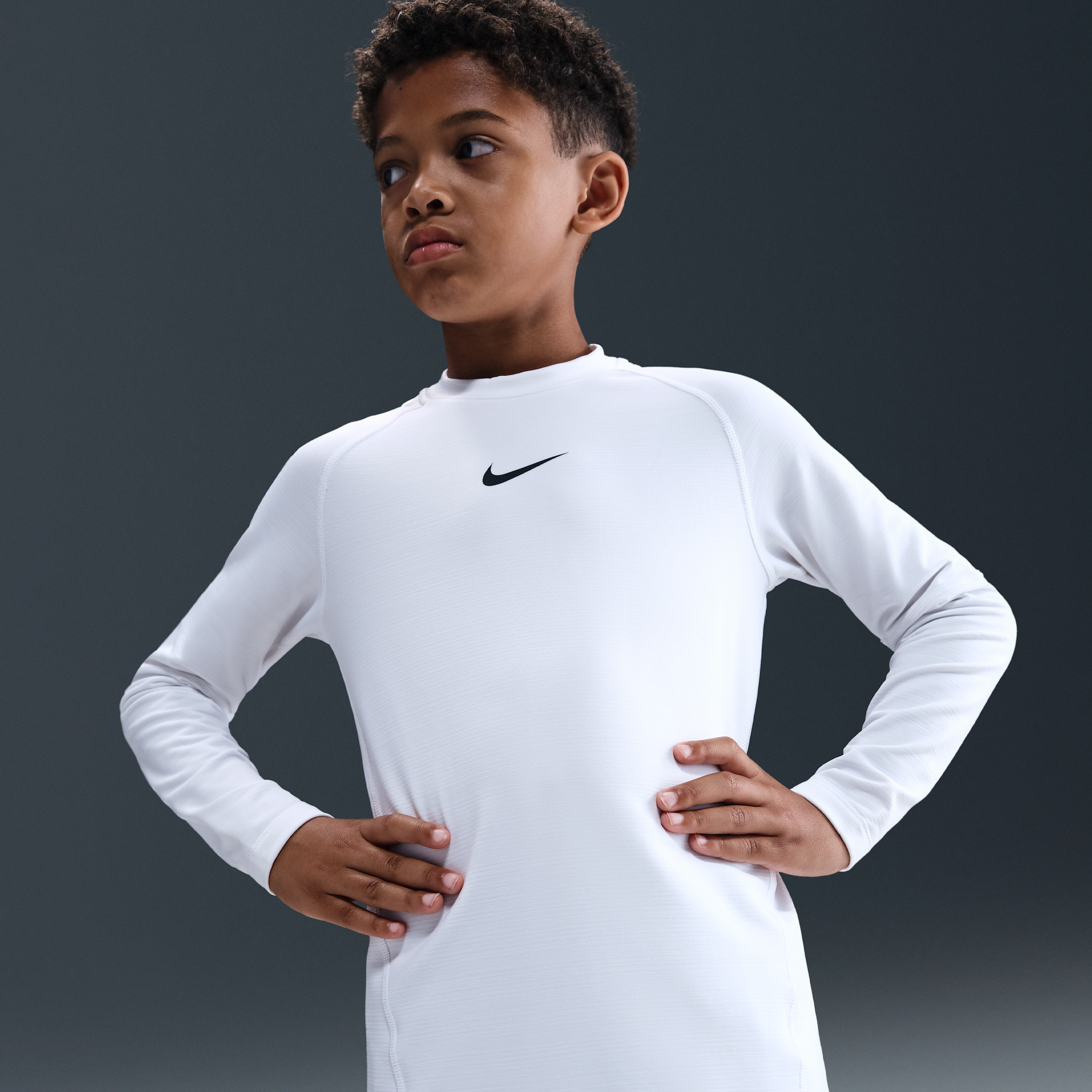 Nike Pro Big Kids' (Boys') Dri-FIT Long-Sleeve Crewneck Top in White | IO9010-100