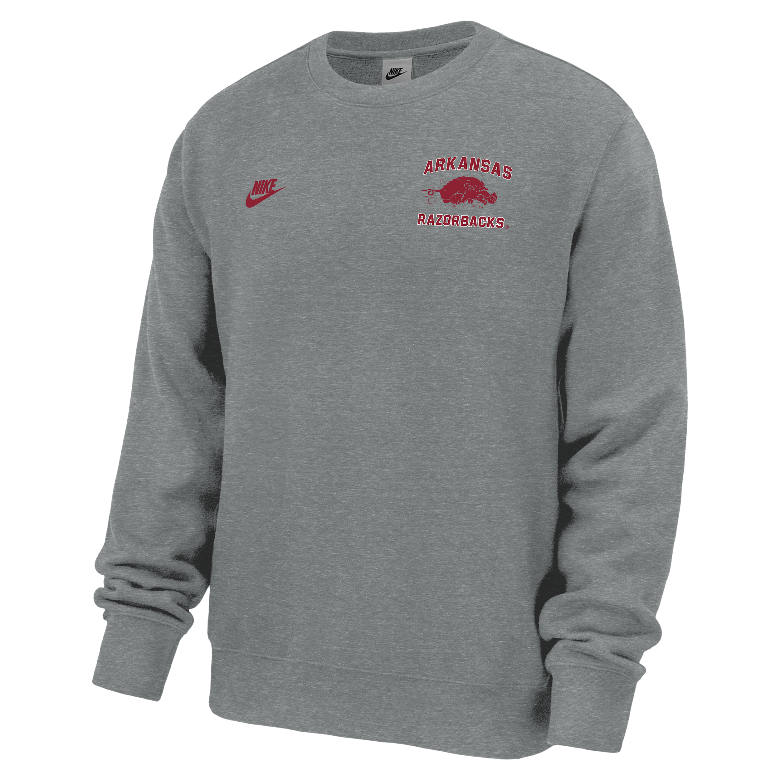 Arkansas Razorbacks Club Nike Men's Football Fleece Crew-Neck Sweatshirt in Grey | M33234P398ARKS-DGH