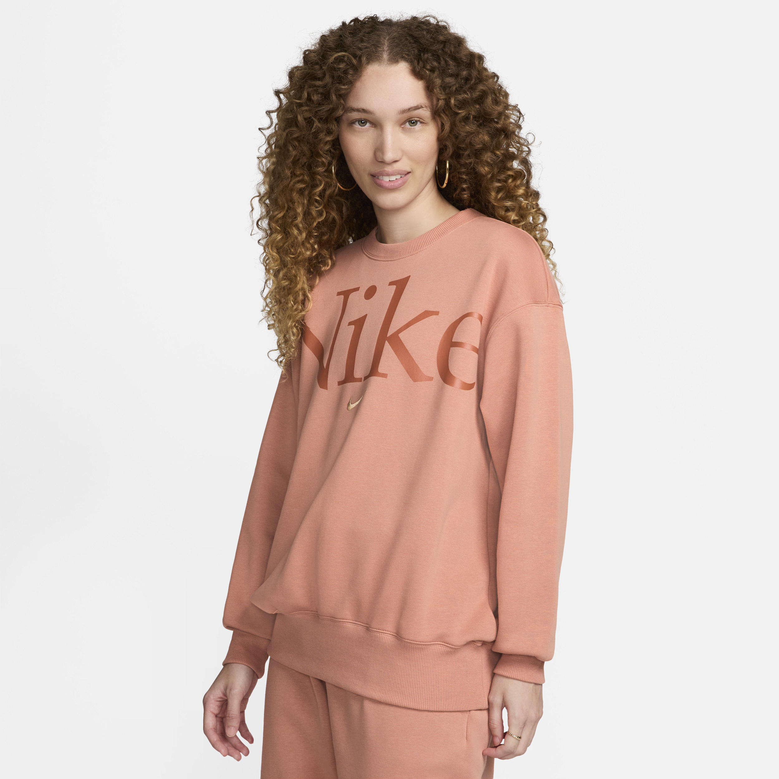 Shop Nike Women's  Sportswear Phoenix Fleece Oversized Crew-neck Logo Sweatshirt In Brown