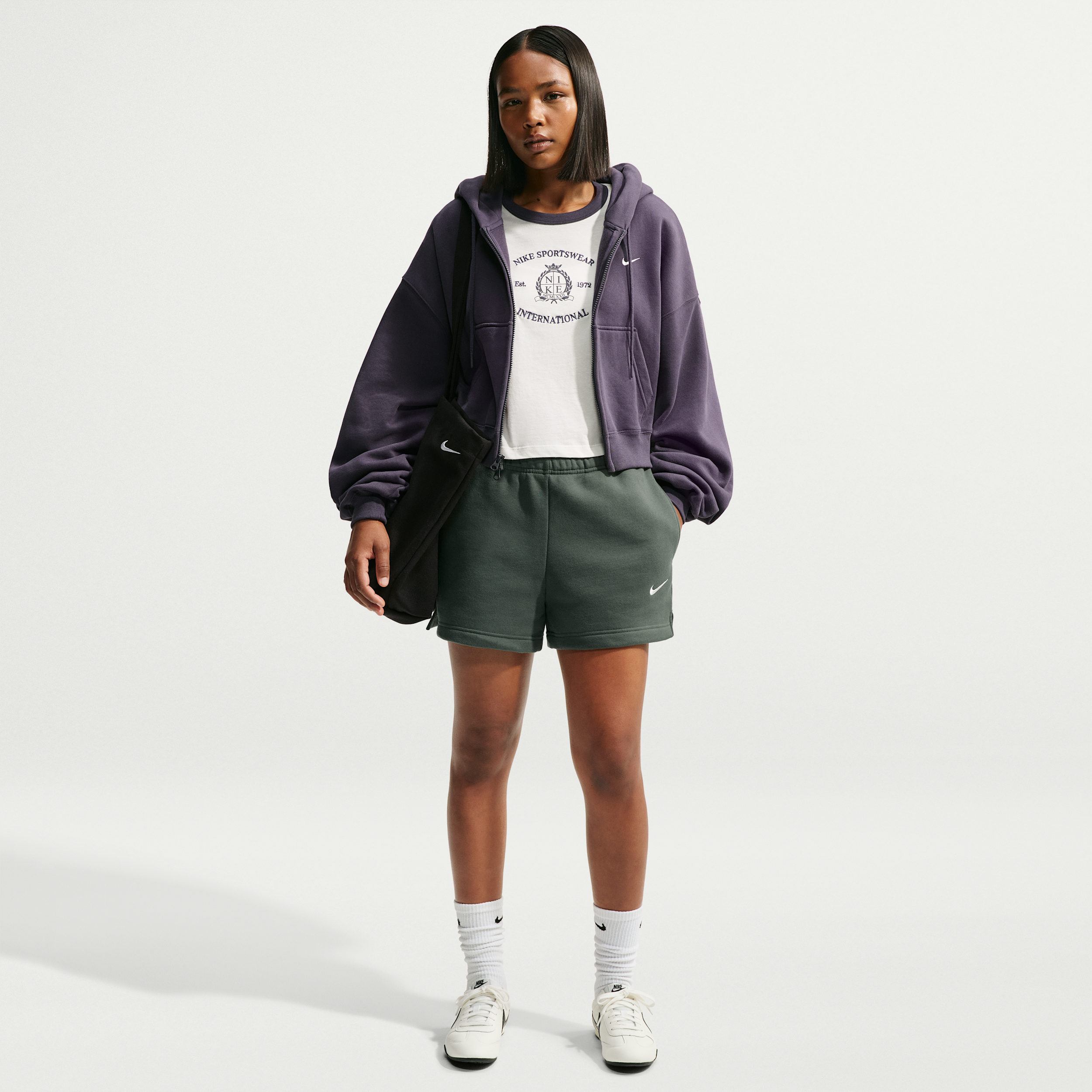 Nike Women's Studio Fleece Medium-Weight Mid-Rise Shorts in Camo Green/Sail Size: Small