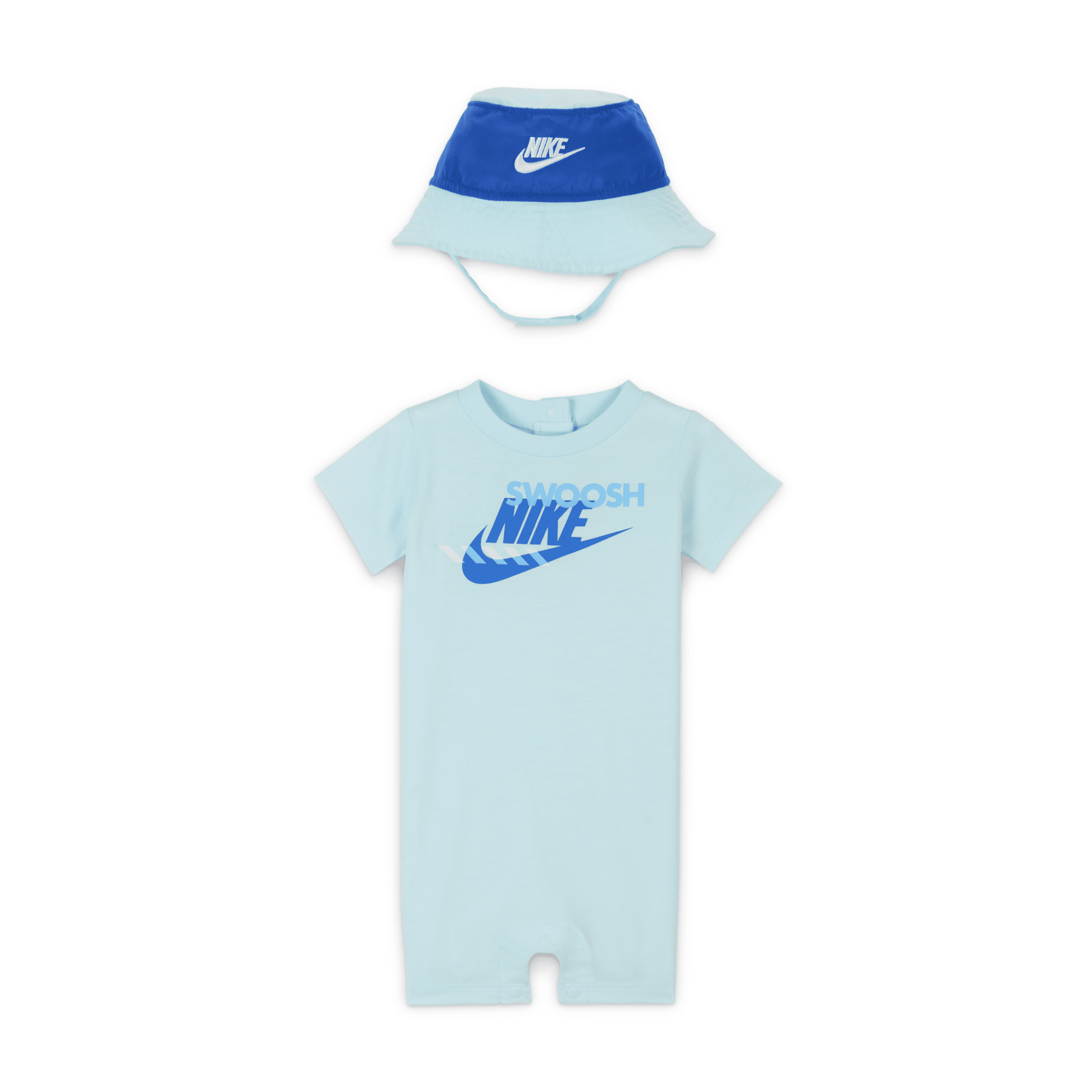 Shop Nike Sportswear Pe Baby (0-9m) Romper And Bucket Hat Set In Blue