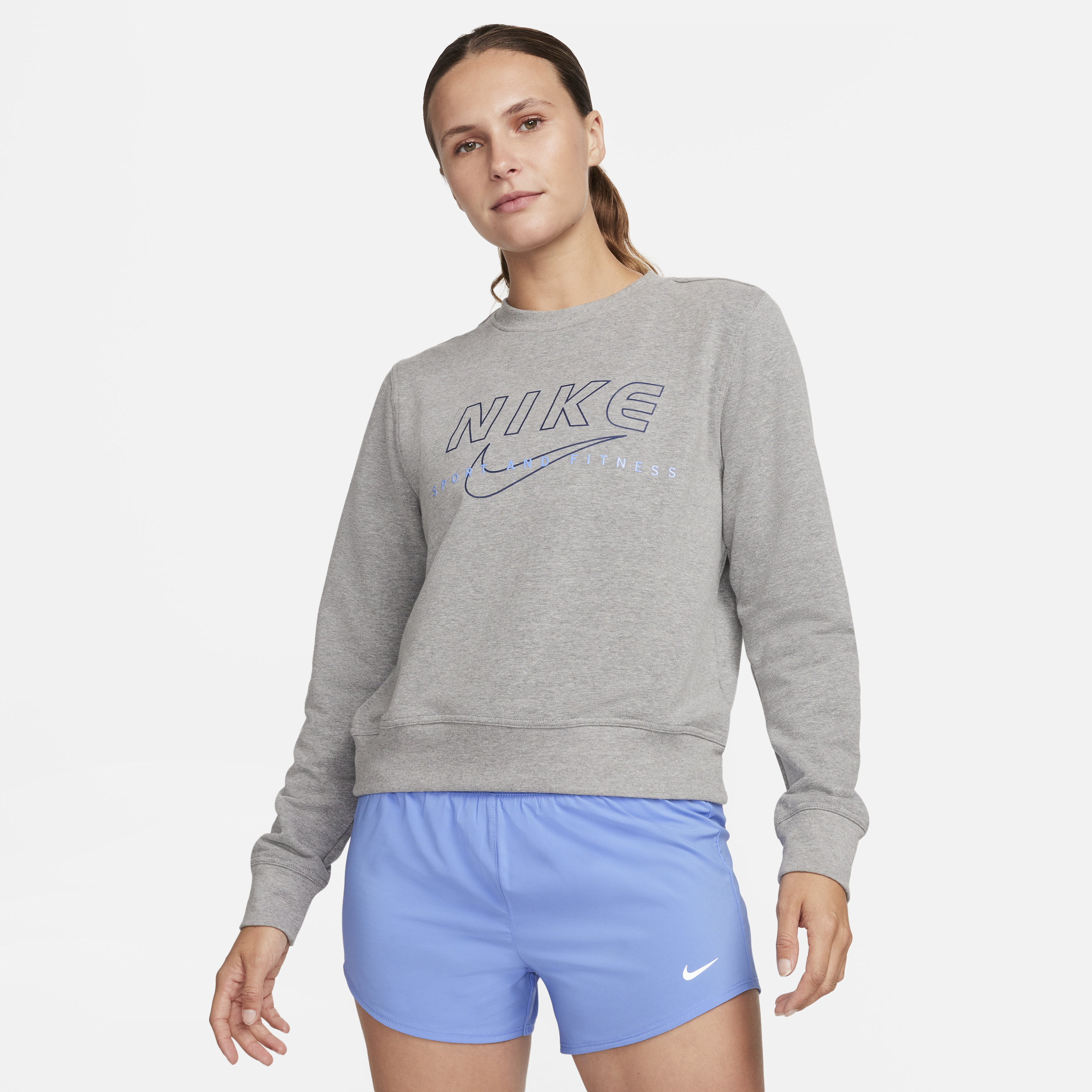 Nike Women's Dri-fit One Crew-neck Graphic Sweatshirt In Grey