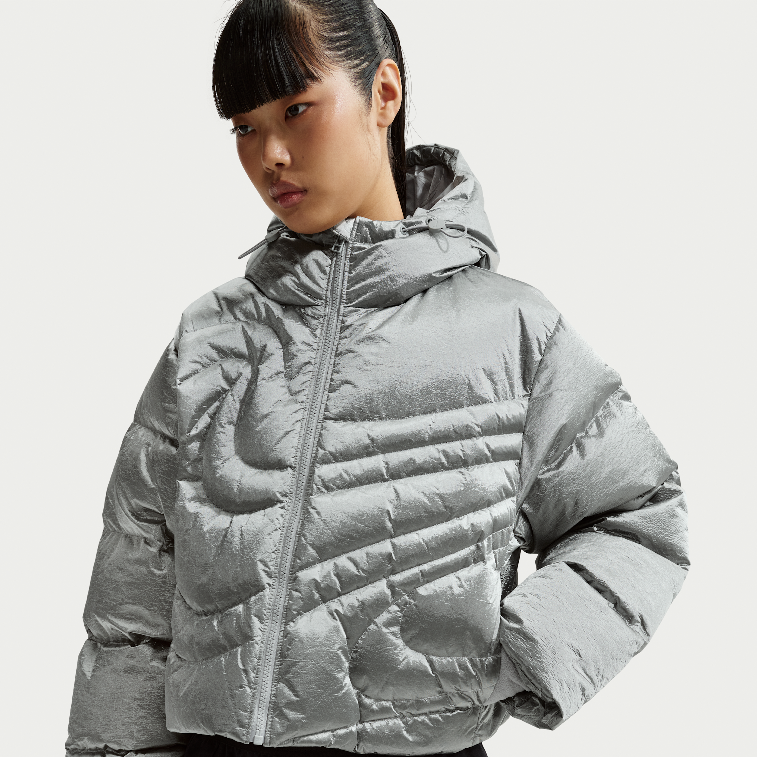 Nike Swoosh Series Water Resistant Therma-fit Oversize Down Puffer Jacket In Gray
