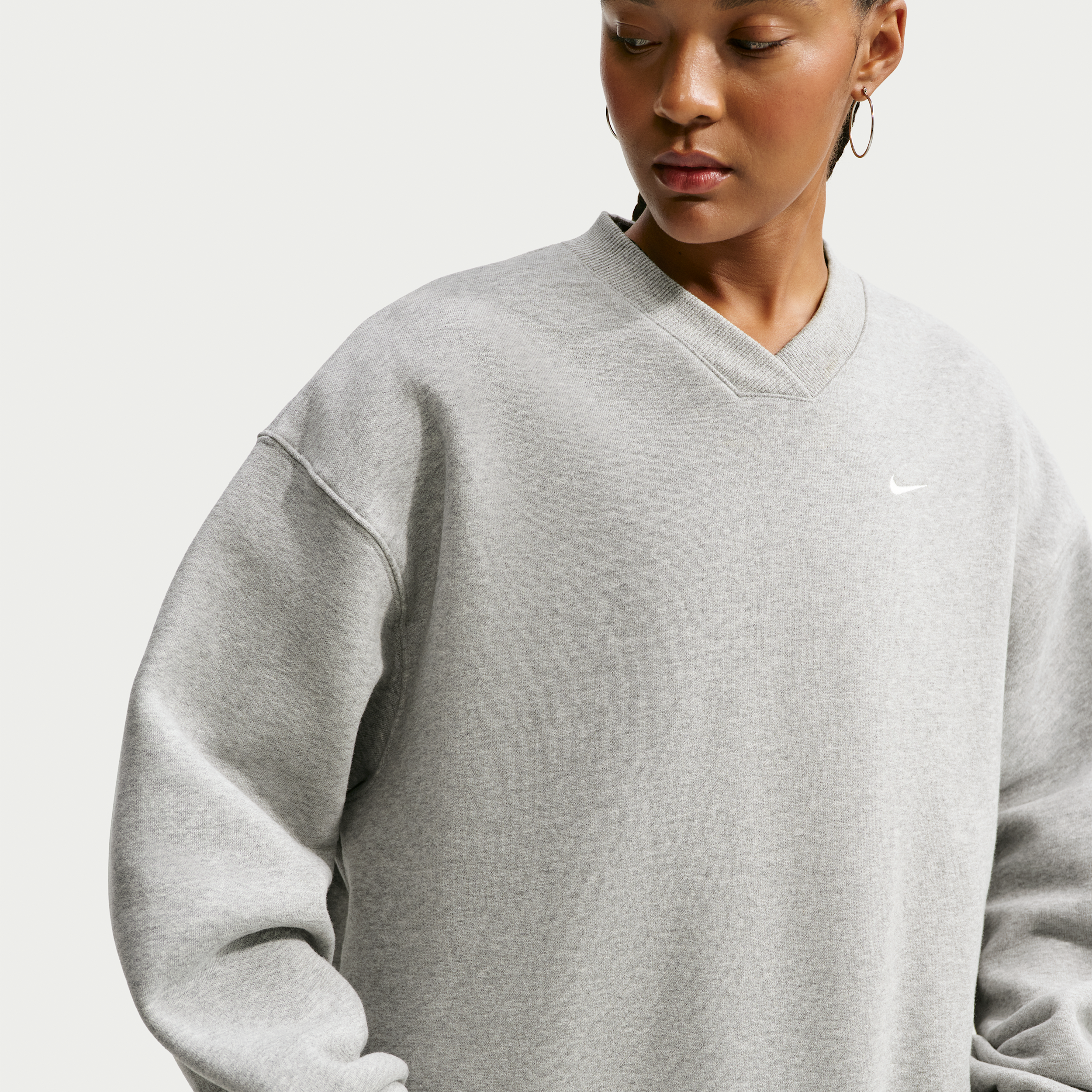 Nike Women's Studio Fleece Medium Weight Oversized V-Neck Sweatshirt, XS, Dk Grey Heather/Sail
