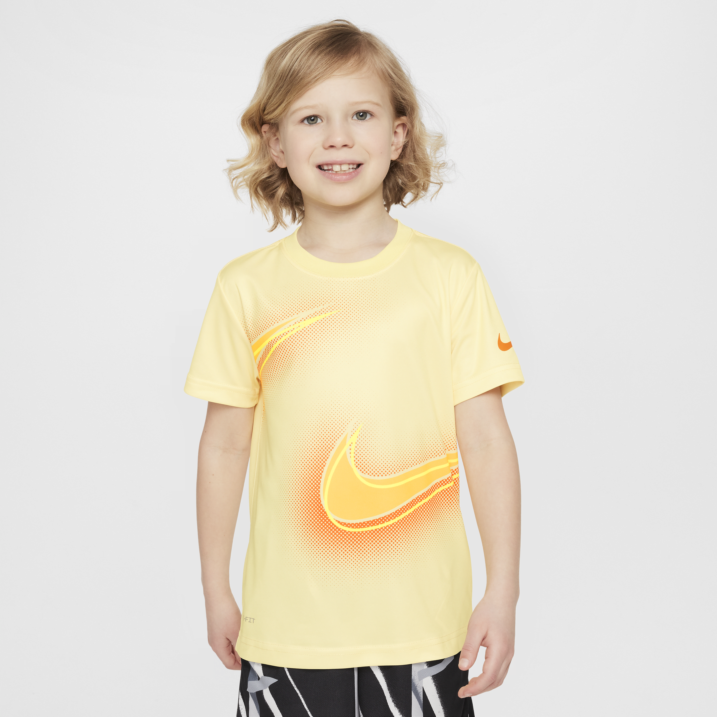 Shop Nike Dri-fit Little Kids' Stacked Up Swoosh T-shirt In Yellow