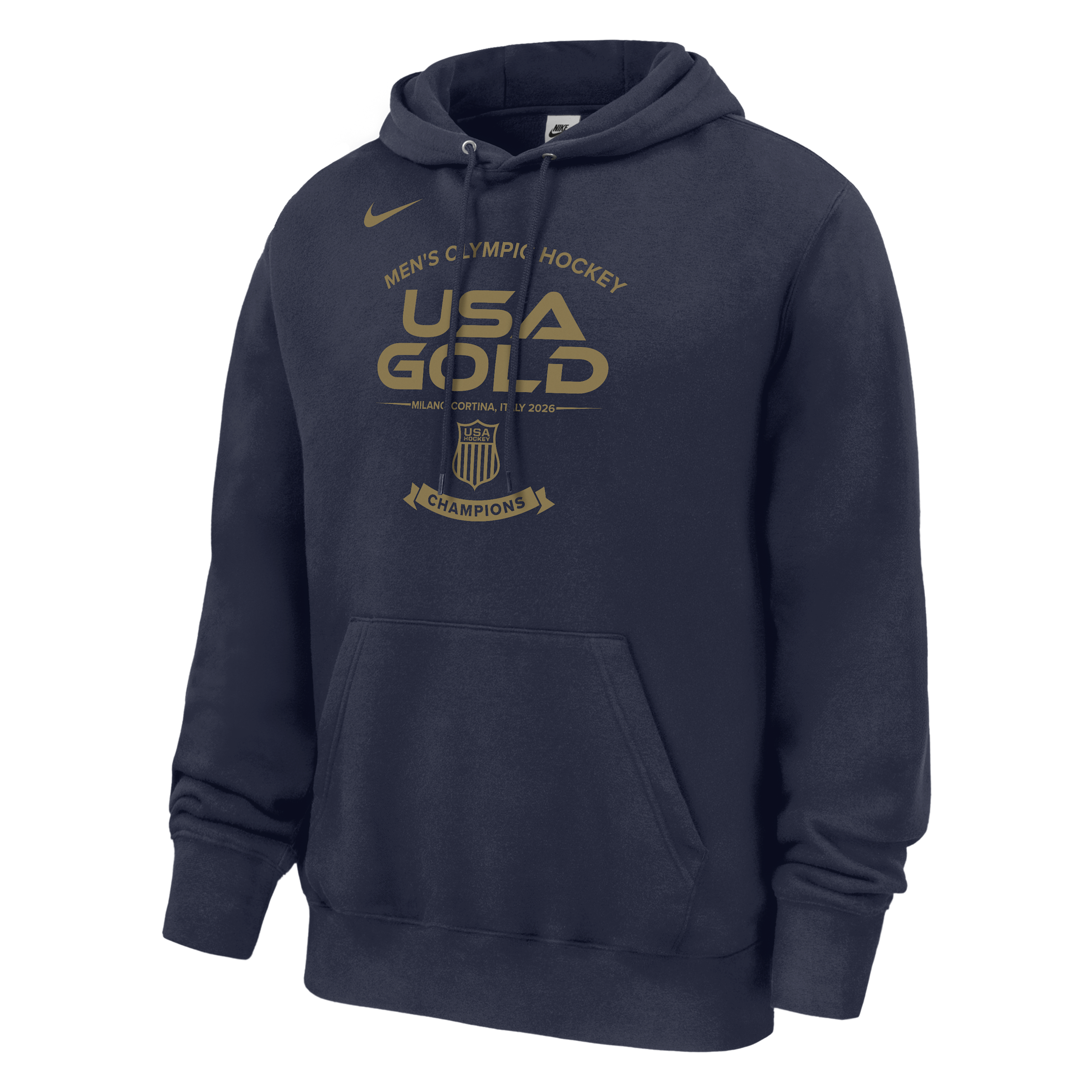 Nike Adult Team USA 2026 Men's Ice Hockey Gold Medal Winner Navy Club Fleece Pullover Hoodie, XXL, Blue