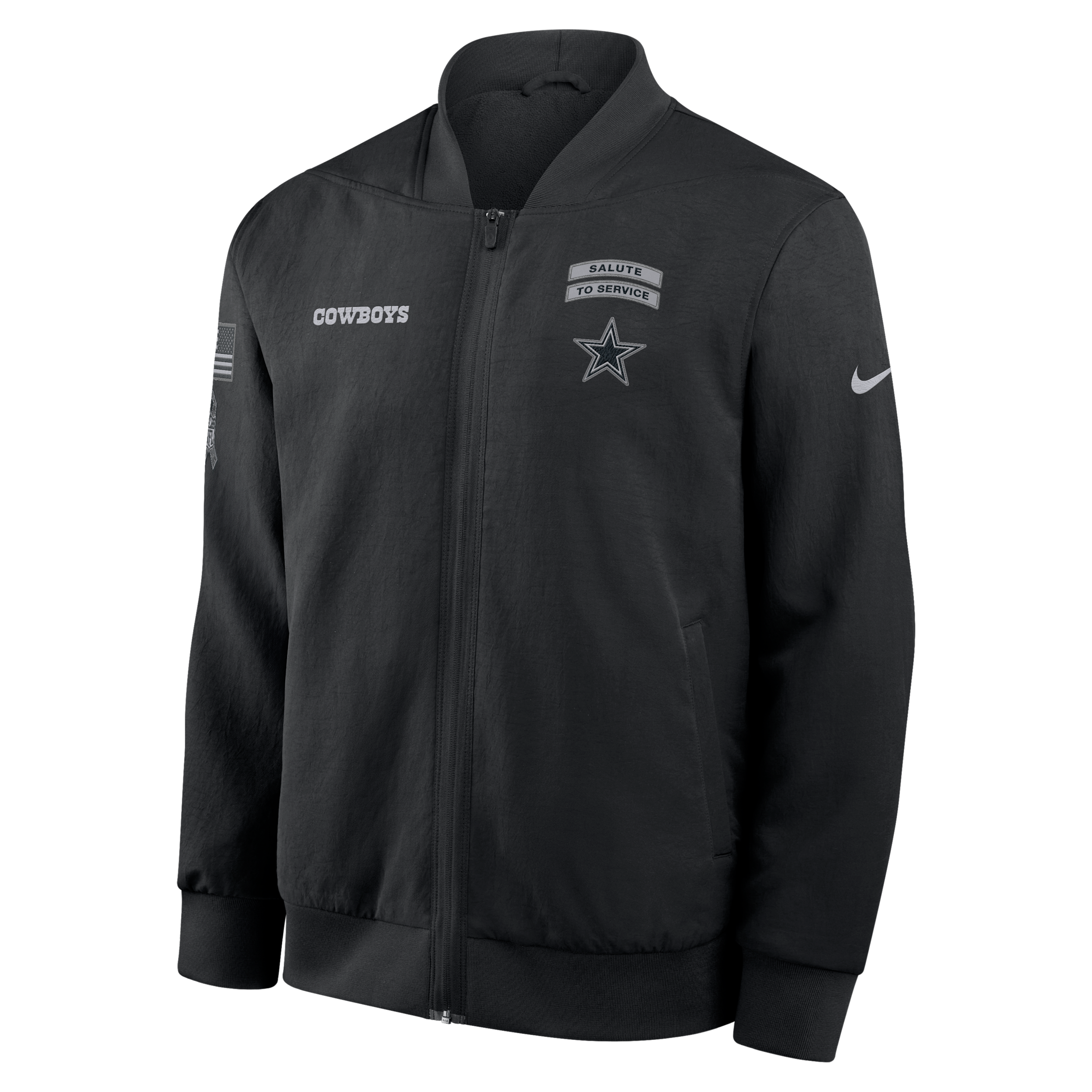 Dallas Cowboys Salute to Service Sideline Nike Men's NFL Full-Zip Bomber Jacket in Black | 03AU0ILNA29-ENK