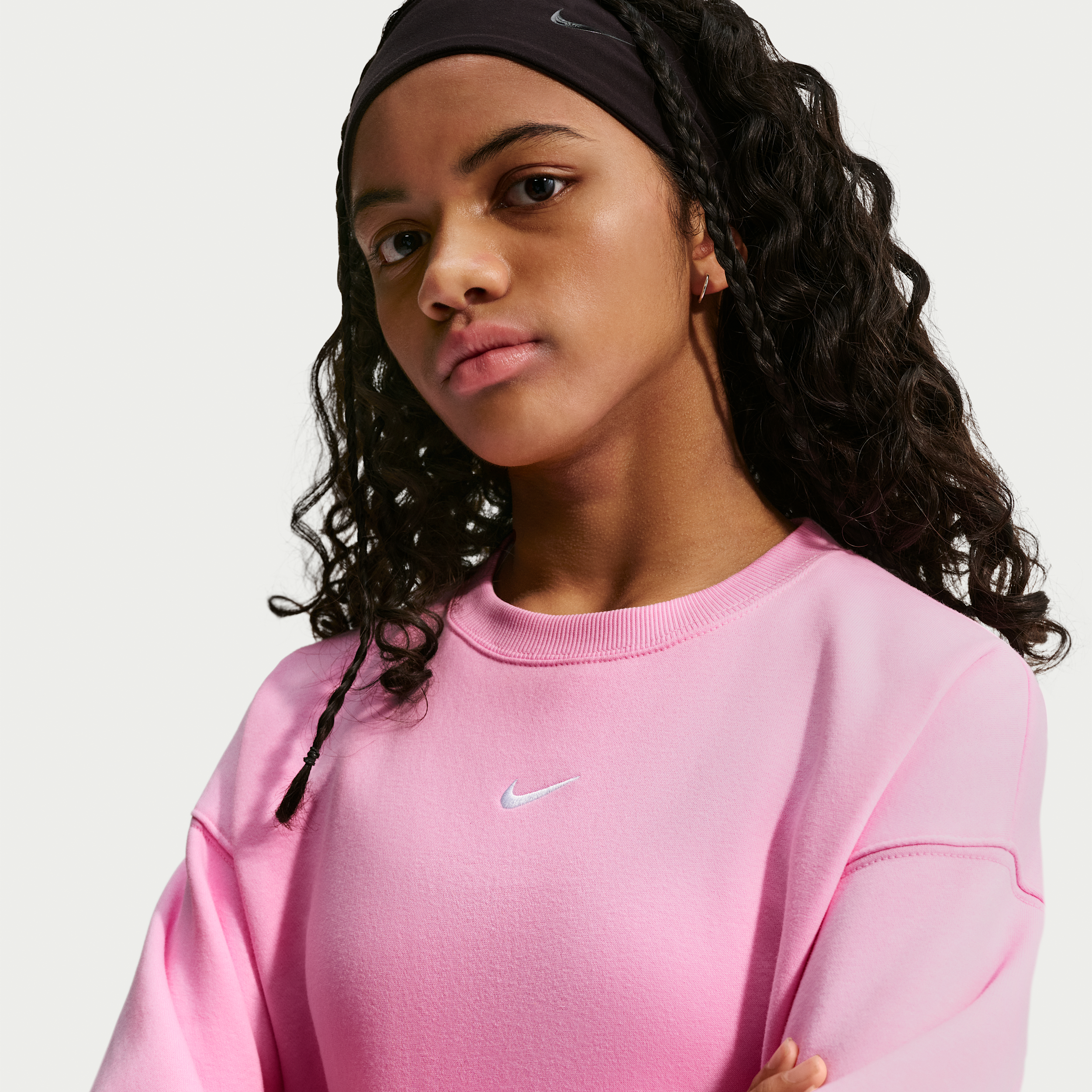 Nike Sportswear Studio Big Kids' (Girls') Oversized Crew-Neck Sweatshirt in Pink | IM4947-621