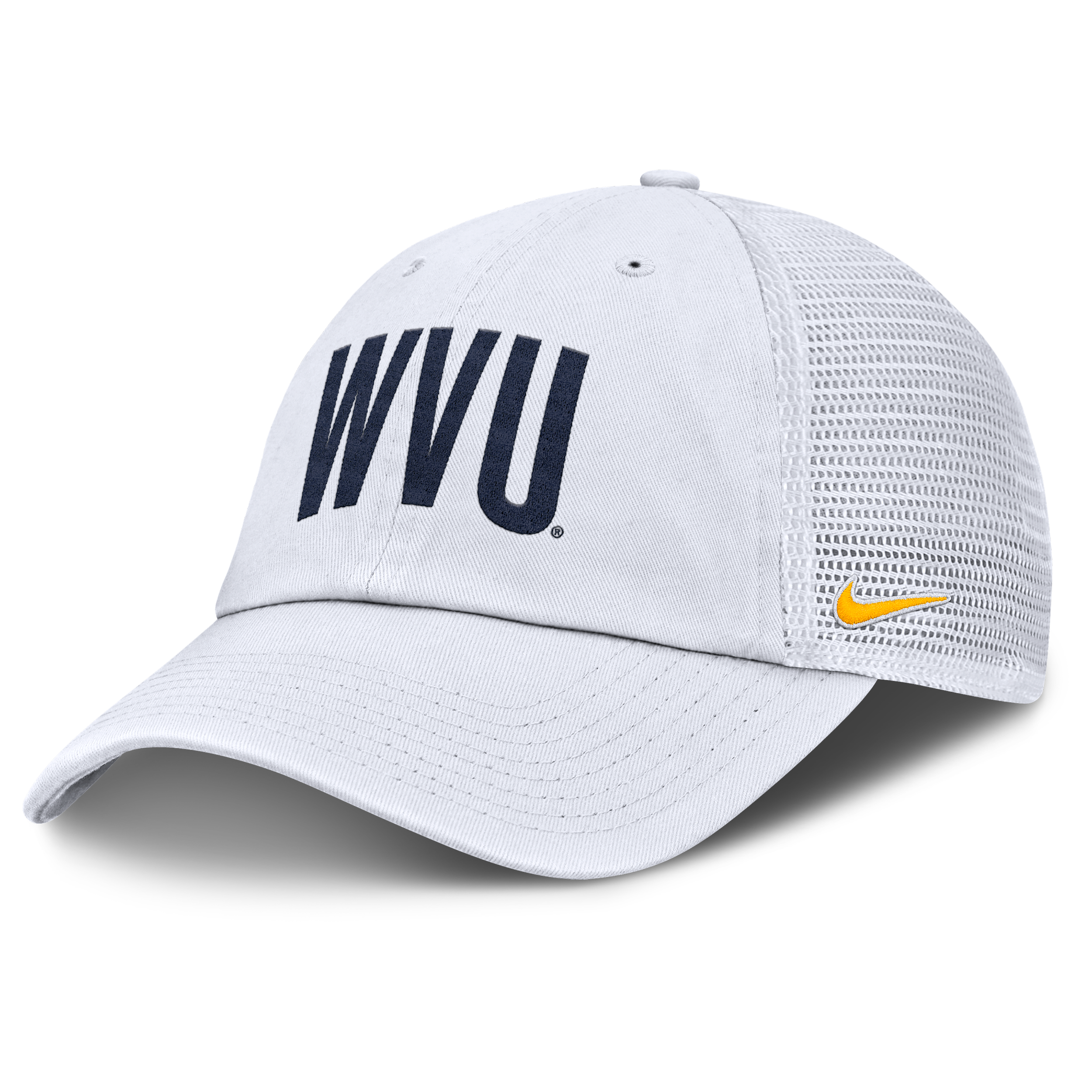 West Virginia Primetime Campus Club Nike Men's College Trucker Adjustable Hat in White | NC3311QRWVN-H98