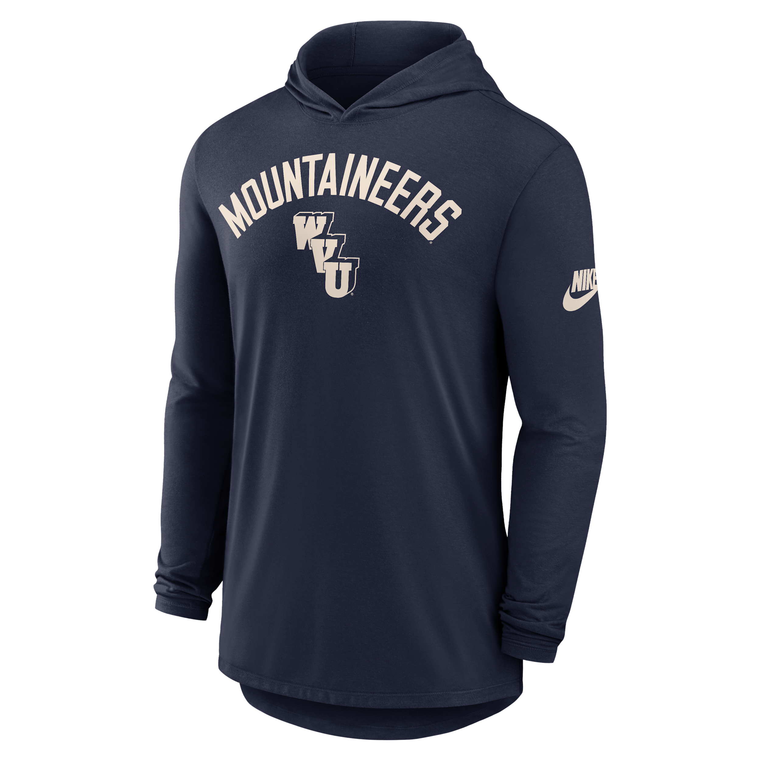 West Virginia Legacy Arch Nike Men's Dri-FIT College Long-Sleeve Hooded T-Shirt in Blue | 01NB41SWVV-3HJ