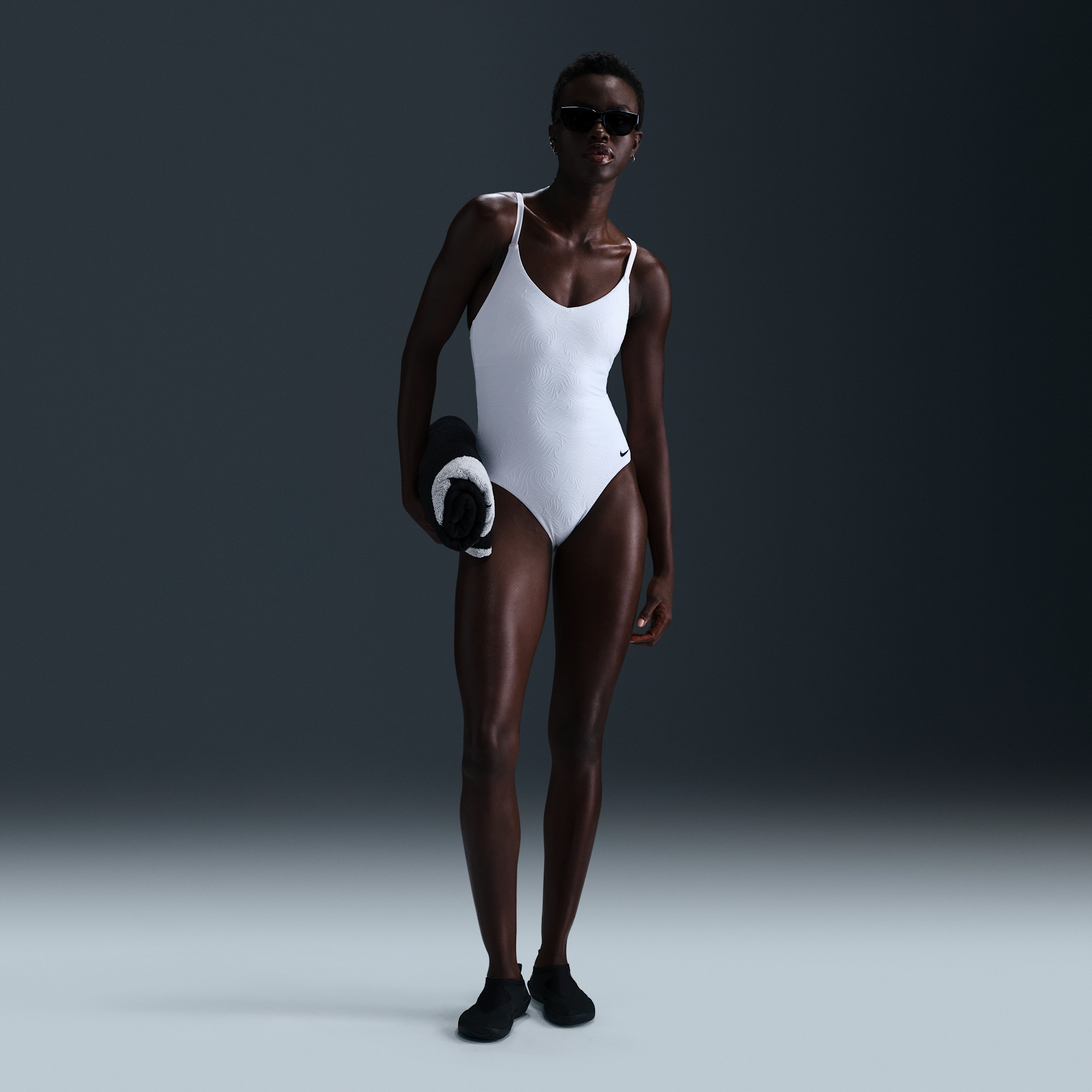 Nike Women's Swim Water Texture V-neck One-piece In White