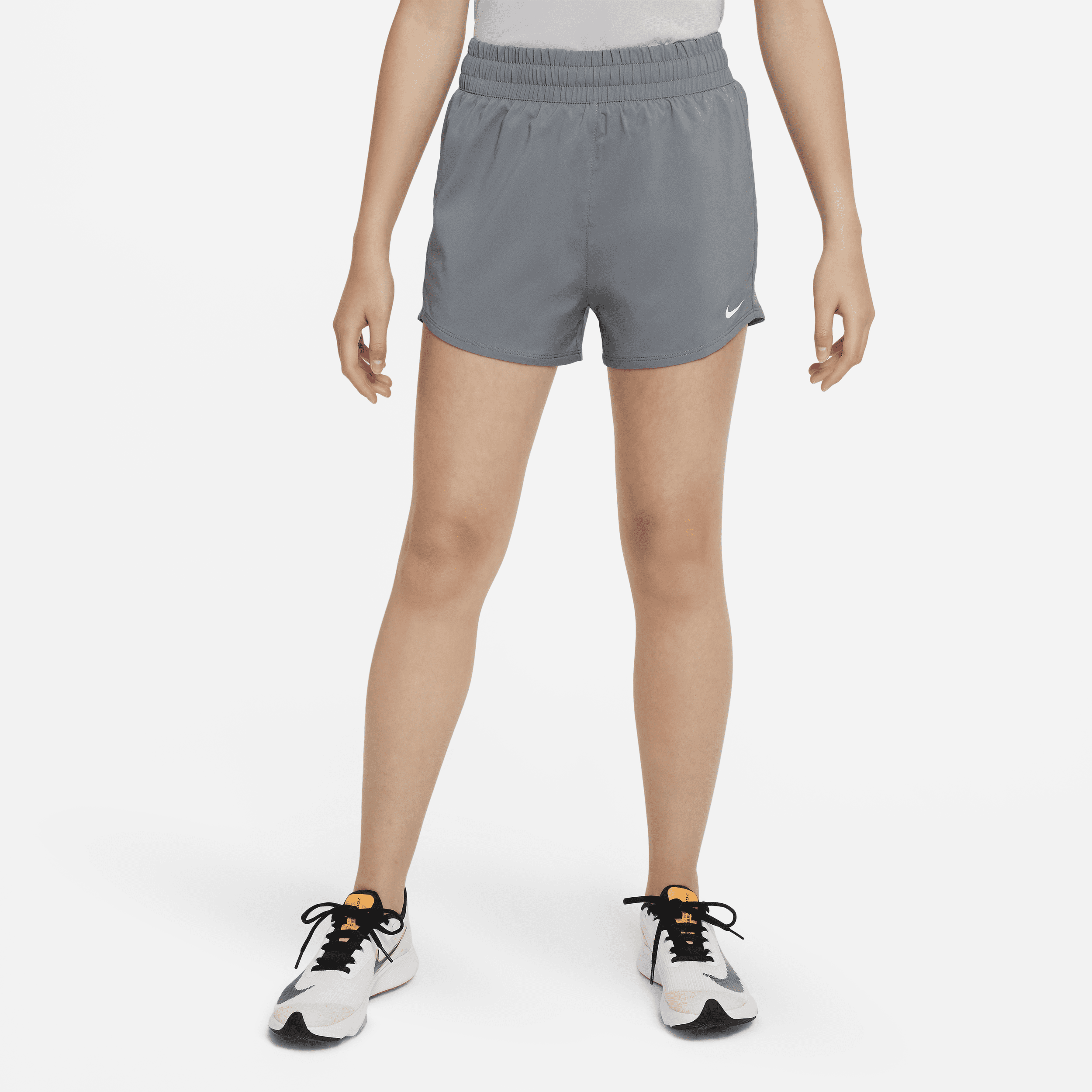 Shop Nike One Big Kids' (girls') Dri-fit High-waisted Woven Training Shorts In Grey