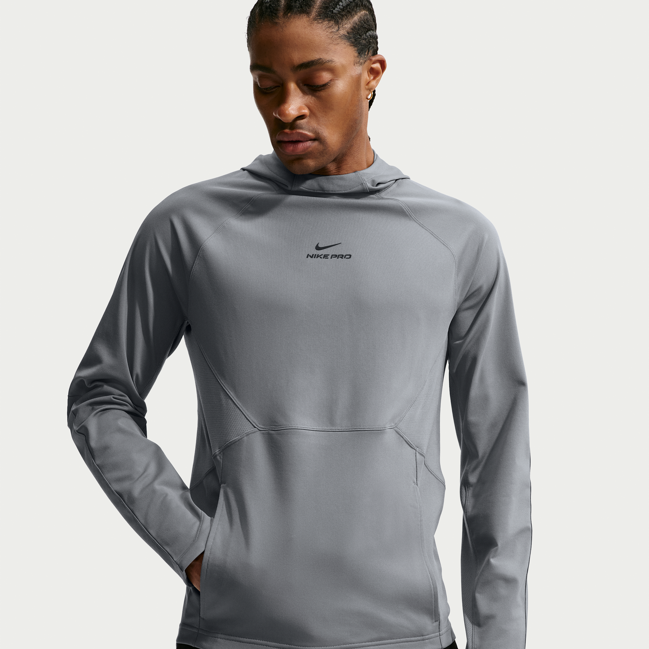 Nike Men's Pro Dri-FIT Mid-Layer Pullover Training Hoodie in Smoke Grey/Black Size: Medium
