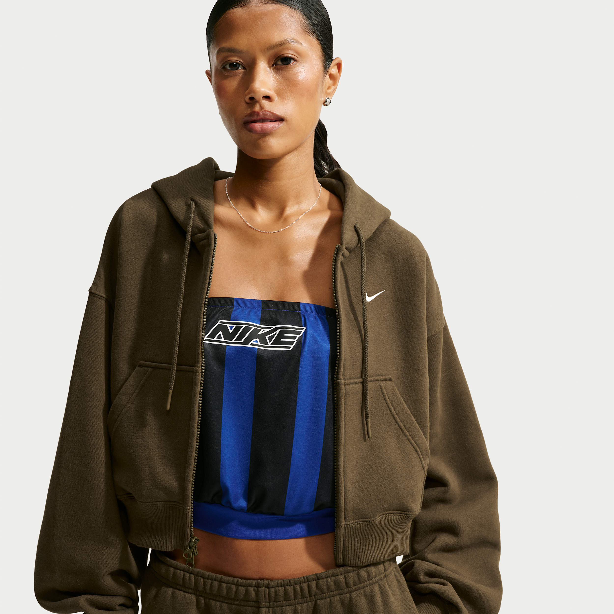 Nike Women's Studio Fleece Medium Weight Oversized Full-Zip Cropped Hoodie in Brown | IM8499-212