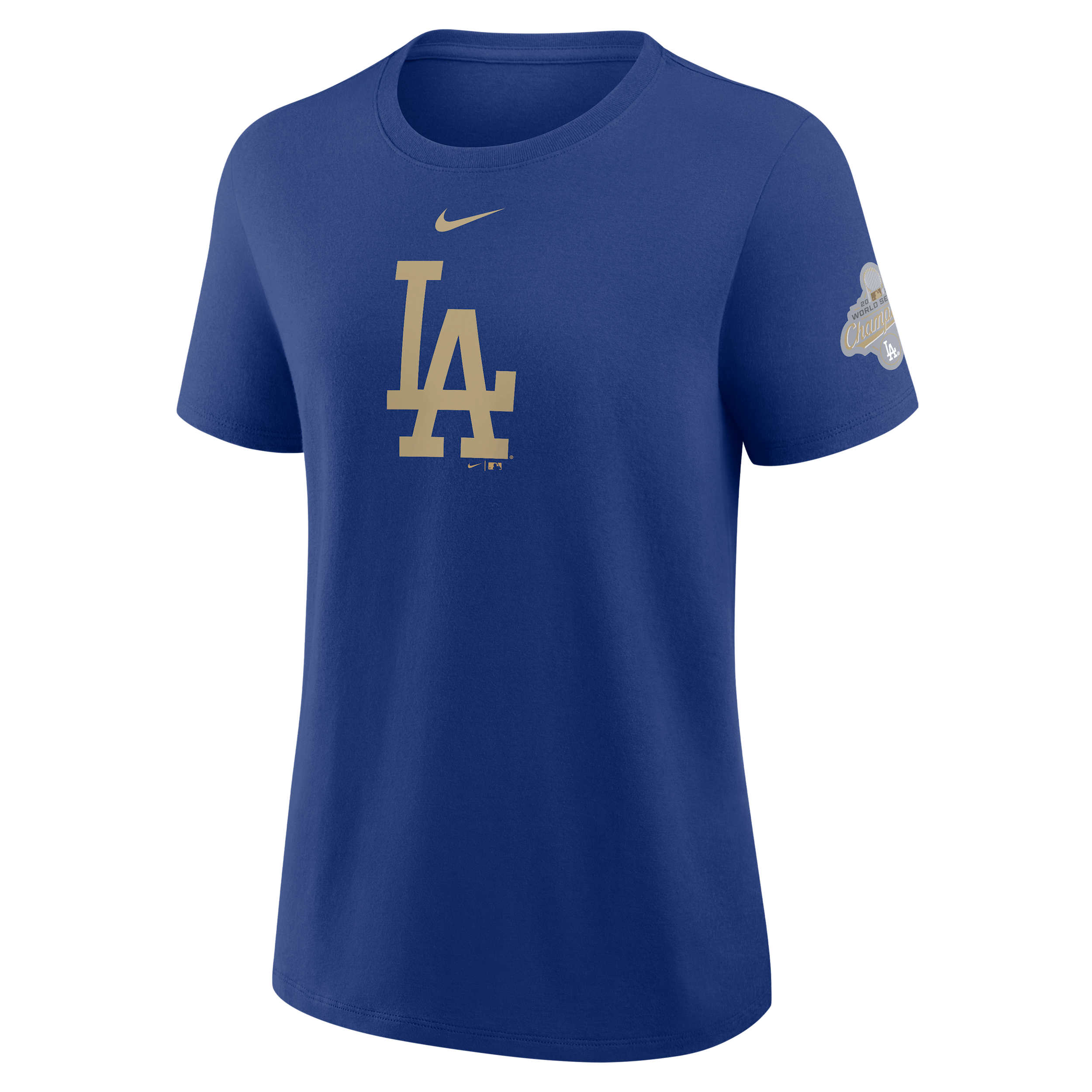 Los Angeles Dodgers 2025 World Series Champion Gold Series Logo Nike Women's MLB T-Shirt in Blue | 01K94EWLD-JHE