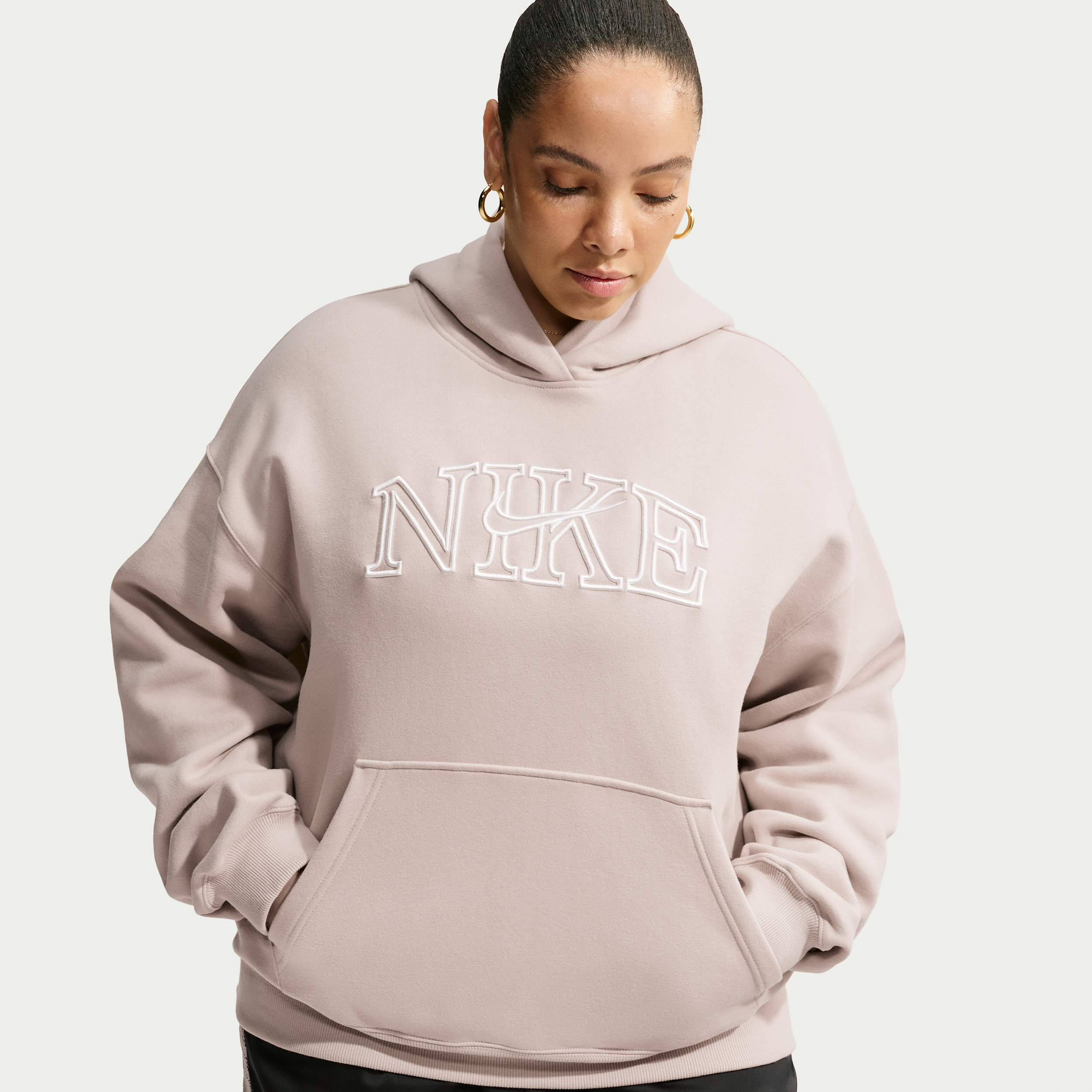 Nike Women's Studio Fleece Medium Weight Oversized Pullover Logo Hoodie (Plus Size) in Brown | IM9832-236