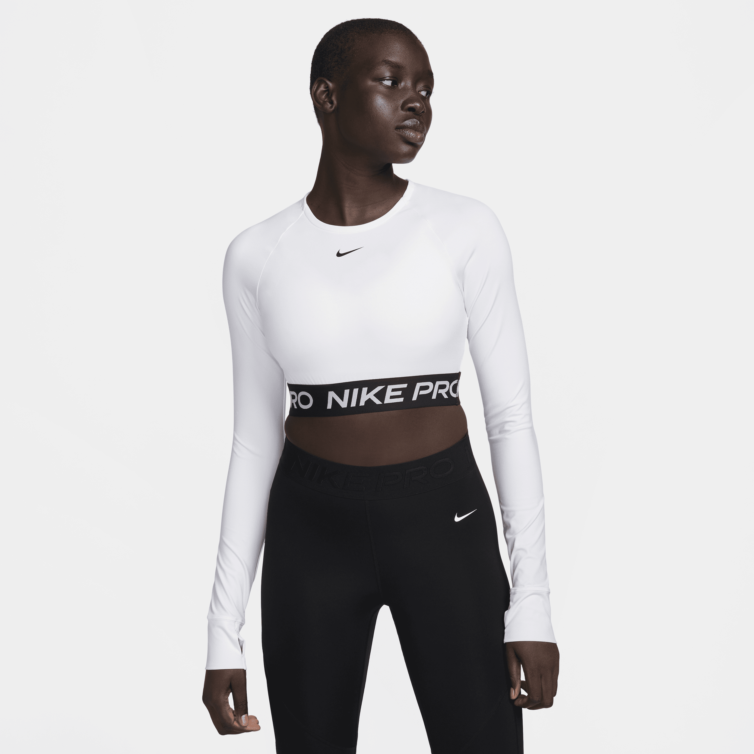 Shop Nike Women's  Pro Dri-fit Cropped Long-sleeve Top In White