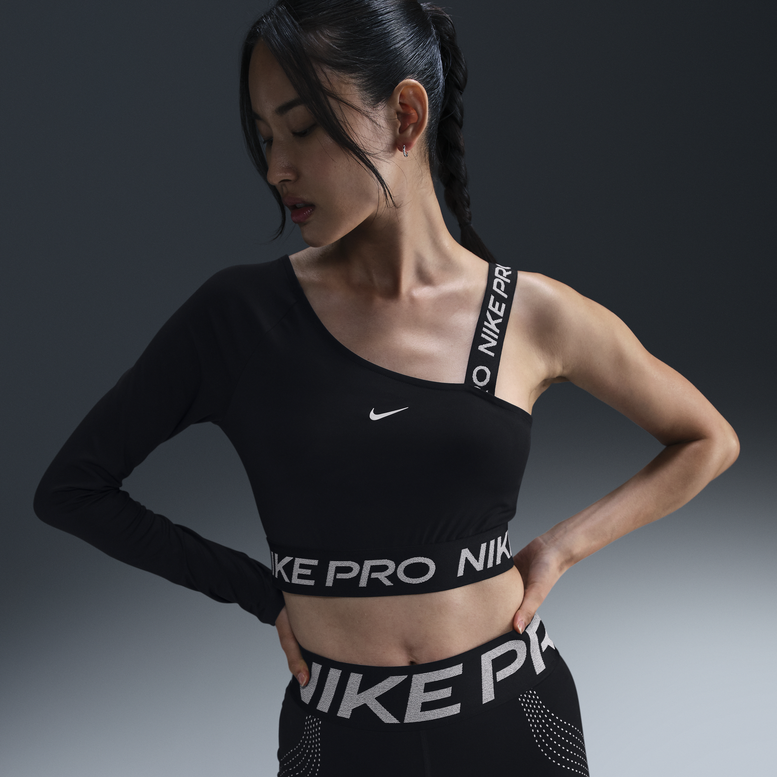 Nike Women's  Pro Shine Dri-fit Asymmetrical Cropped Top In Black