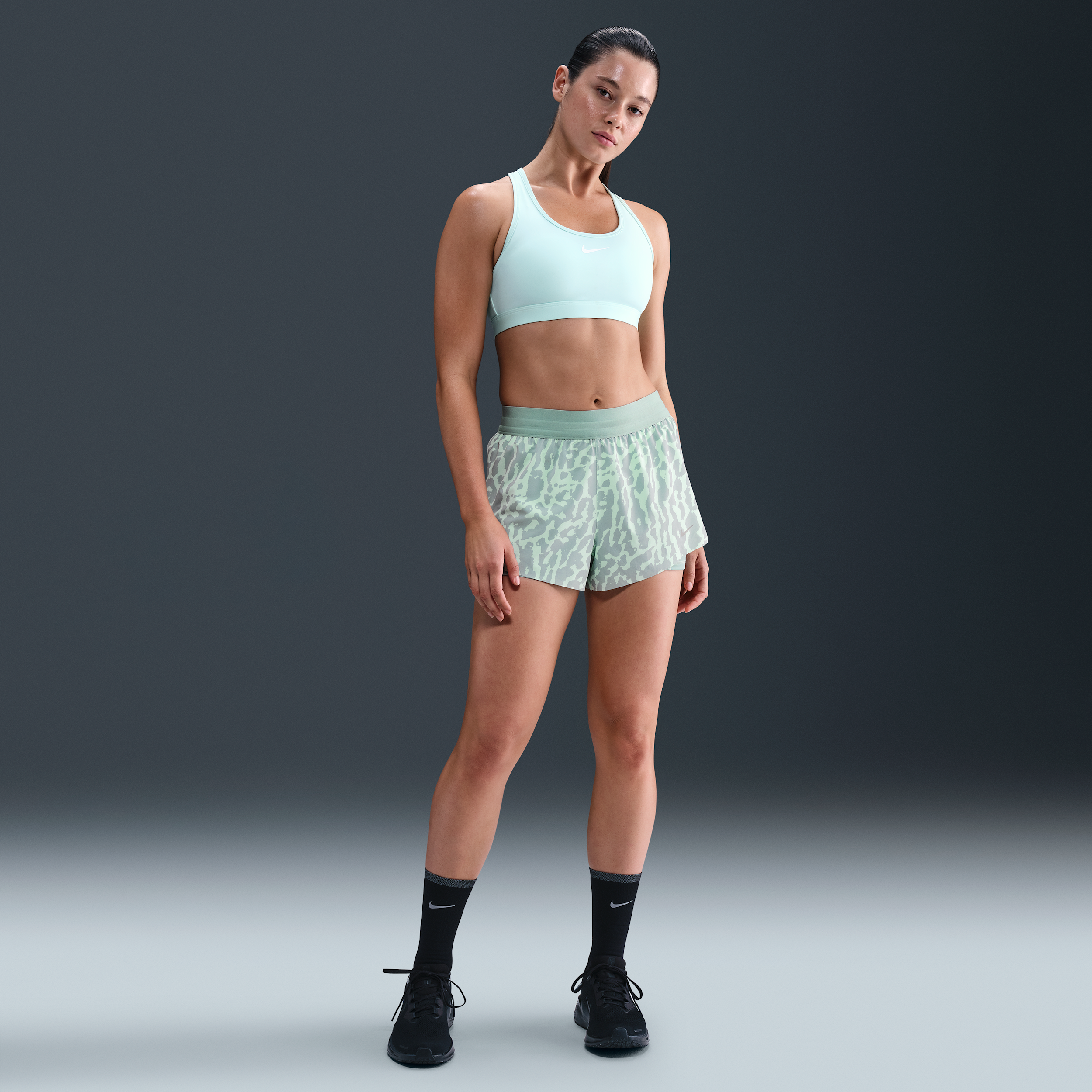 Nike Women's Swift Dri-FIT Mid-Rise 2-in-1 Printed Running Shorts in Green | IB5847-353
