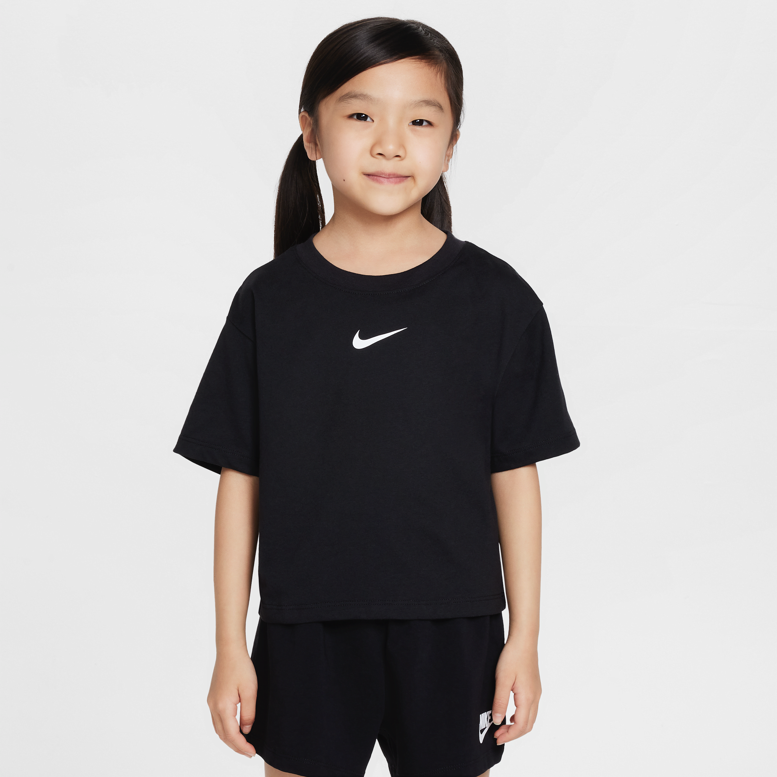 Nike Sportswear Kids' Essential Boxy Embroidered Swoosh T-shirt In Black