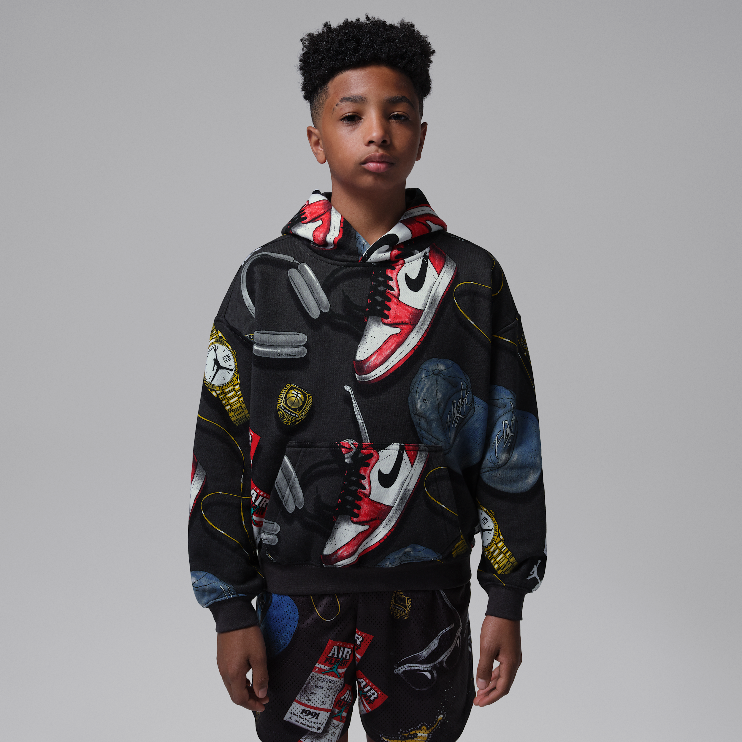 Jordan Big Kids' Mike's Flight Kit Pullover Hoodie in Black | 95G383-G0T