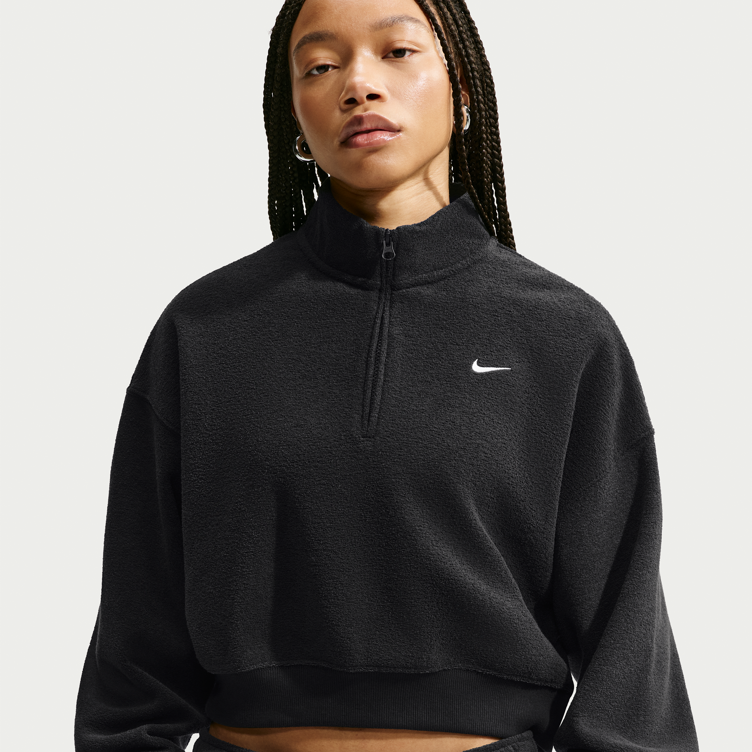 Nike Women's Studio Fleece Medium Weight Plush Oversized 1/4-Zip Cropped Top, Black/Sail