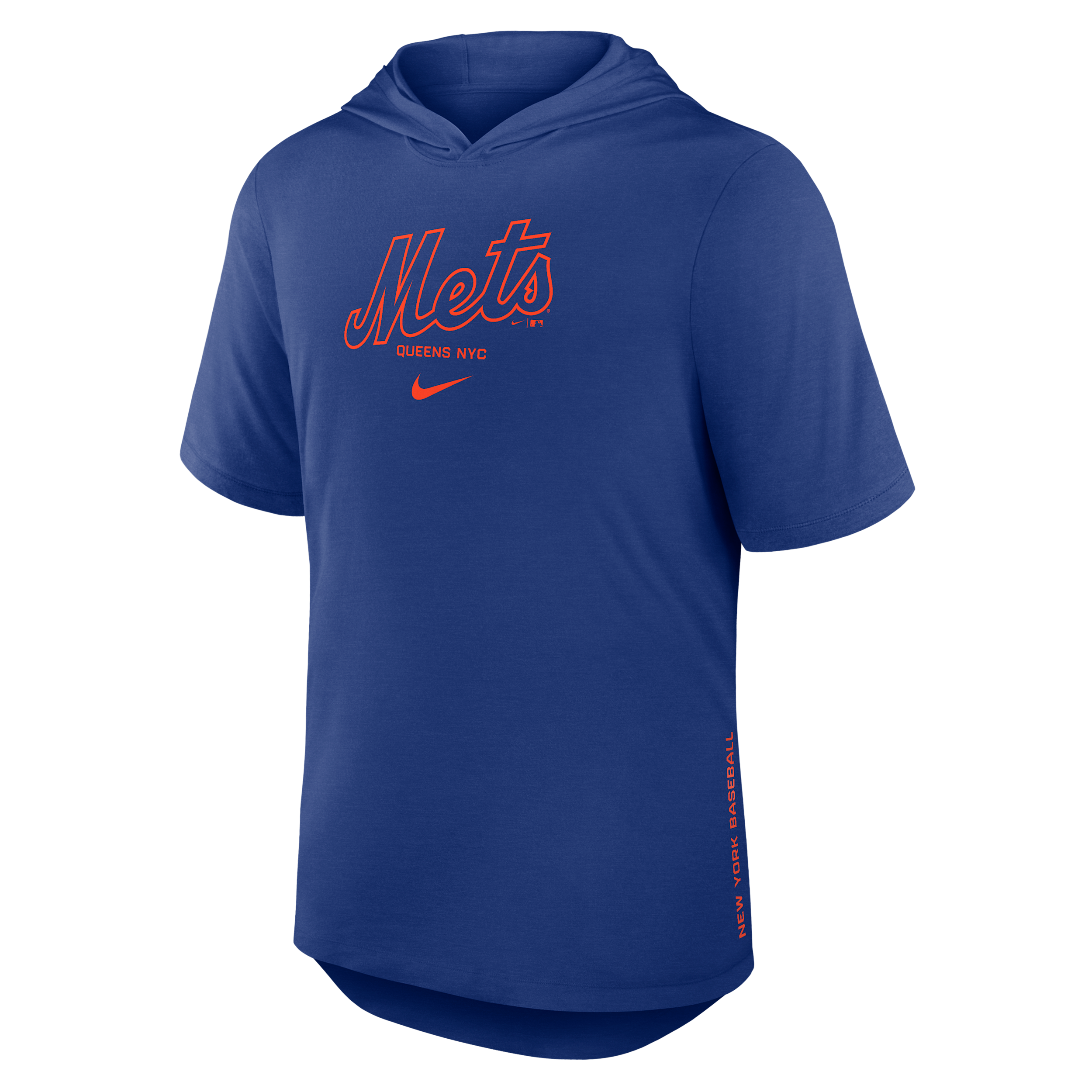 New York Mets Arched Wordmark Nike Men's Dri-FIT MLB Hooded T-Shirt in Blue | 03NB4EWNME-6XV