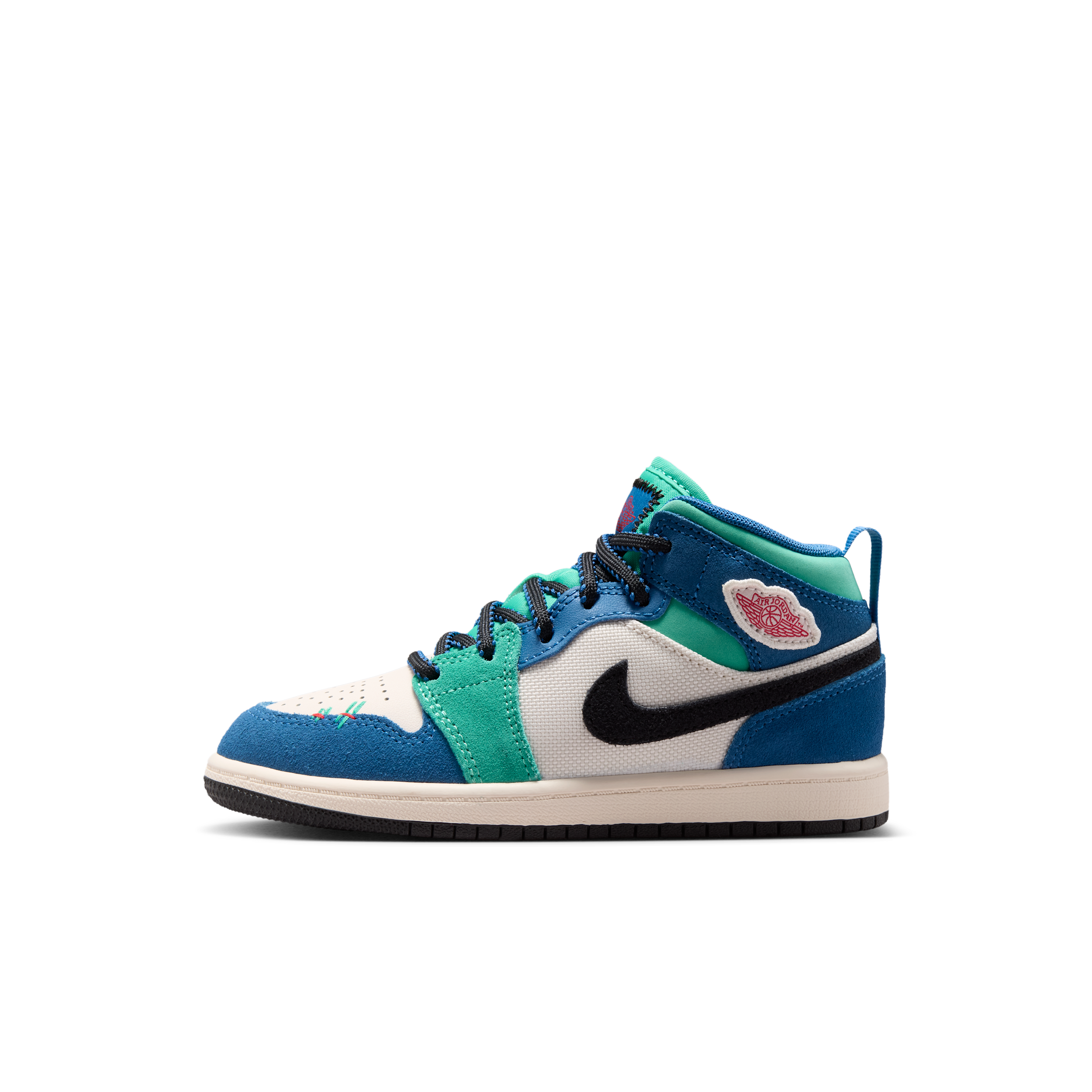 Jordan Kids' Preschool Air Jordan 1 Mid SE Basketball Shoes, White/Red/Blue/Green