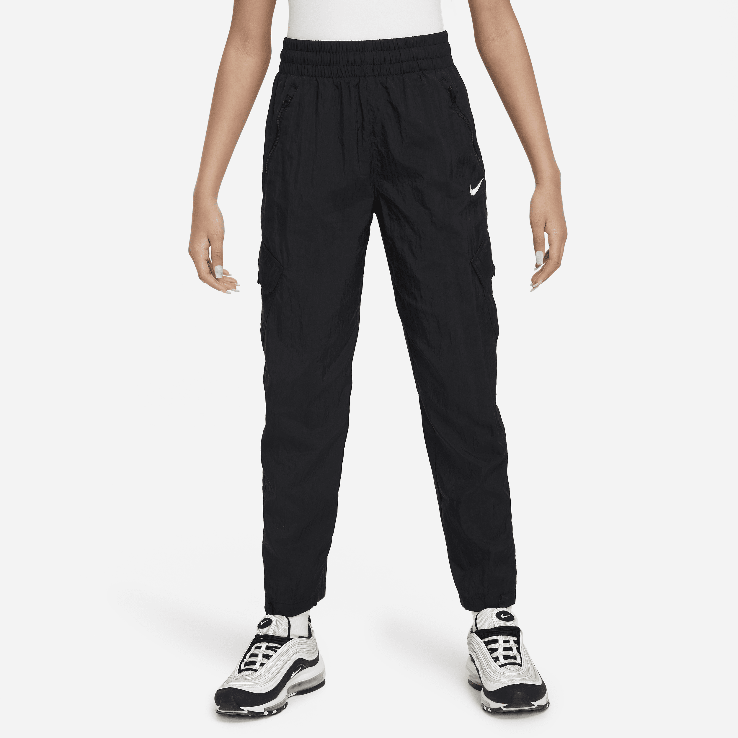 Shop Nike Sportswear Big Kids' (girls') High-waisted Woven Cargo Pants In Black