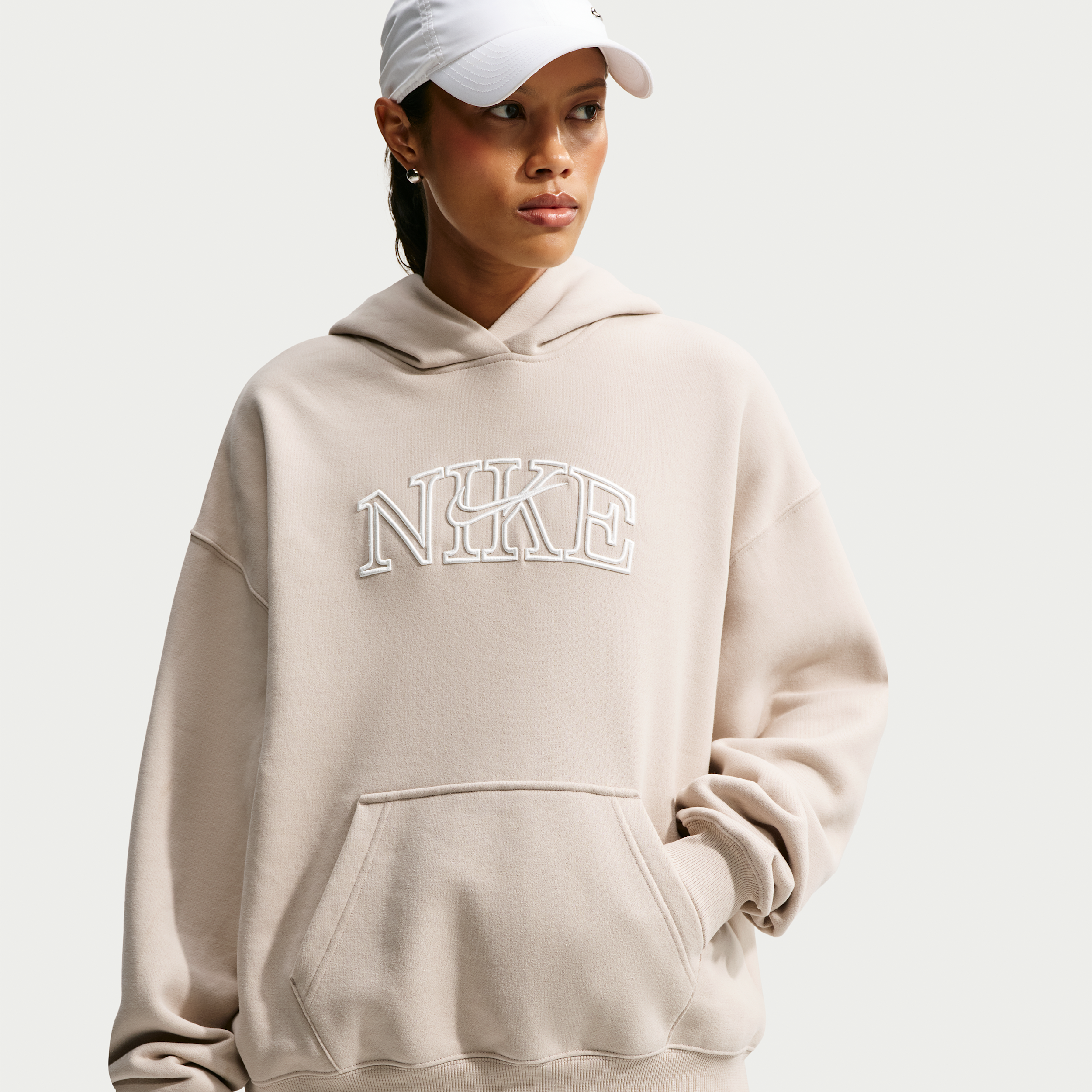 Nike Women's Studio Fleece Medium Weight "Graphic Pack" Oversized Pullover Logo Hoodie in Brown | IM9830-236