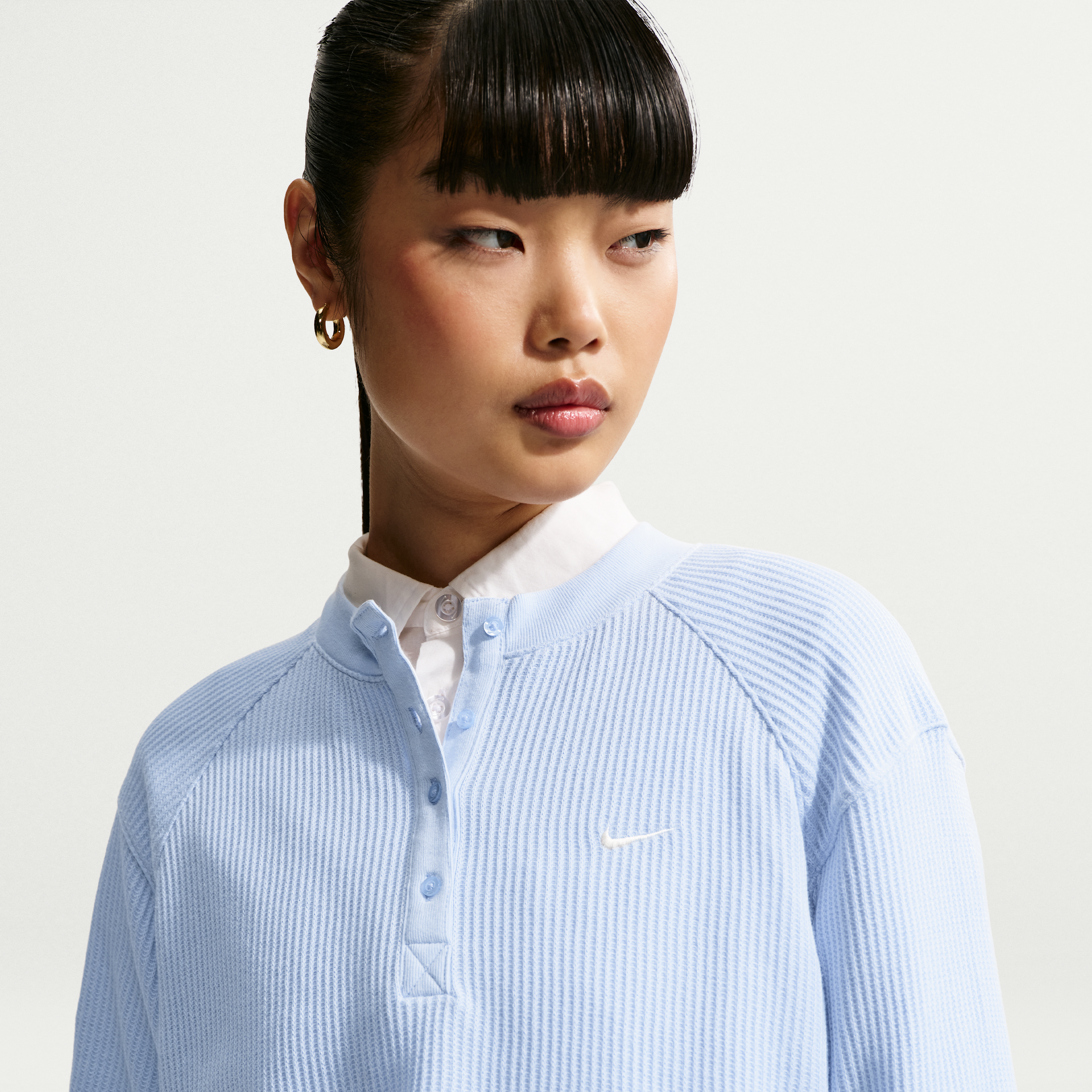 Women's Nike Sportswear Chill Waffle Oversized Long-Sleeve Henley Top in Blue | IF0581-407