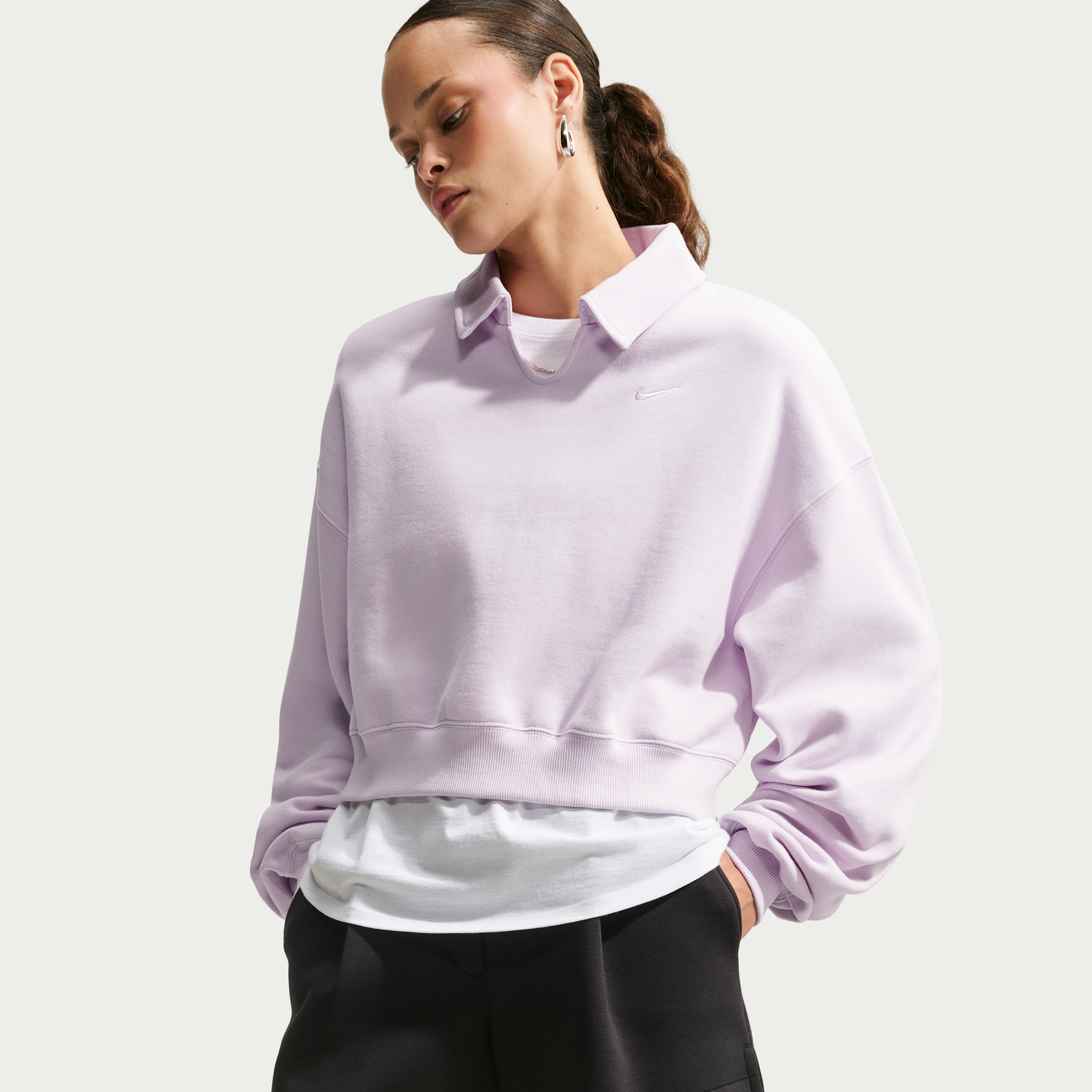 Nike Women's Studio Fleece Medium Weight Oversized Cropped Polo, Large, Bleached Lilac/Sail