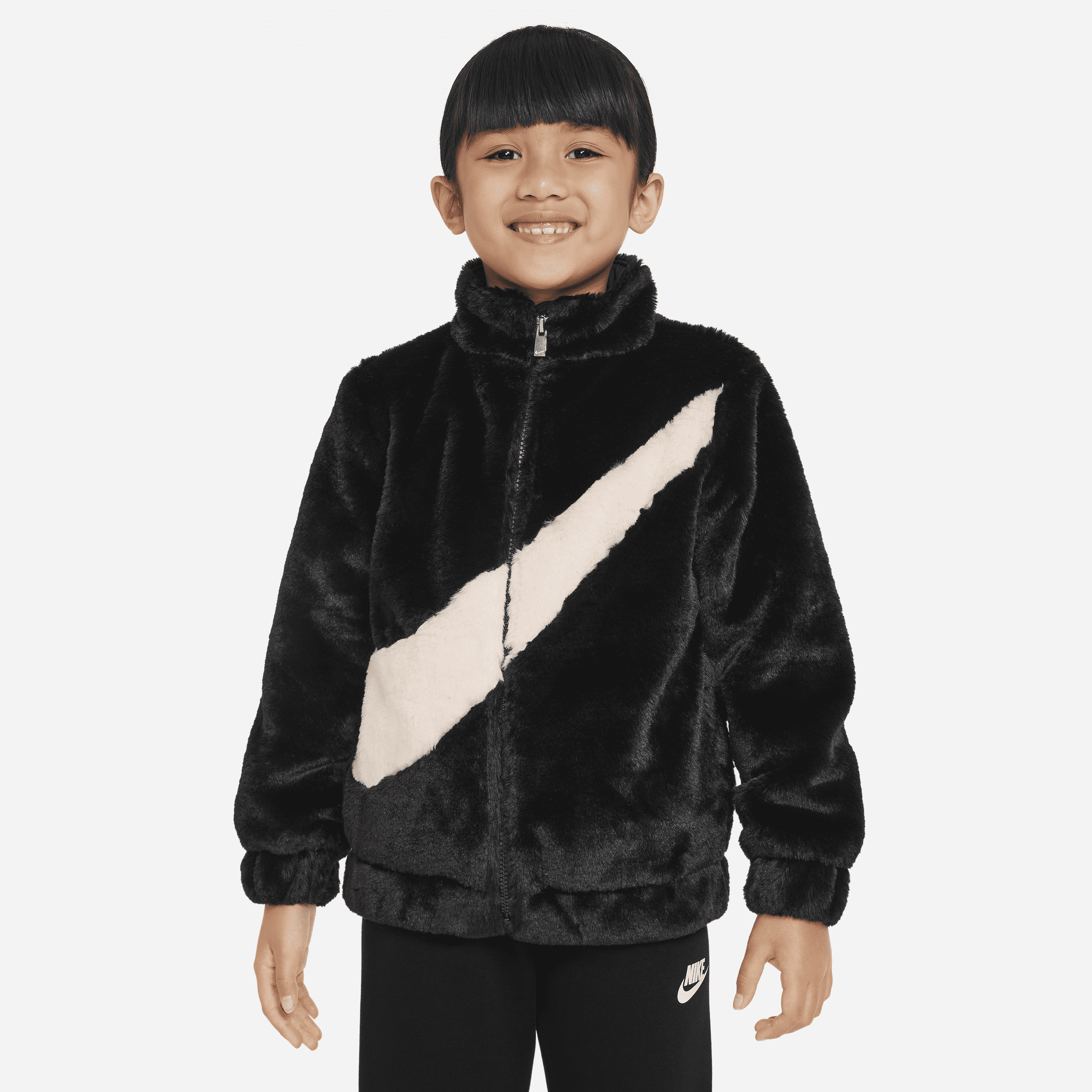 Nike Little Kids' Swoosh Faux Fur Jacket In Black